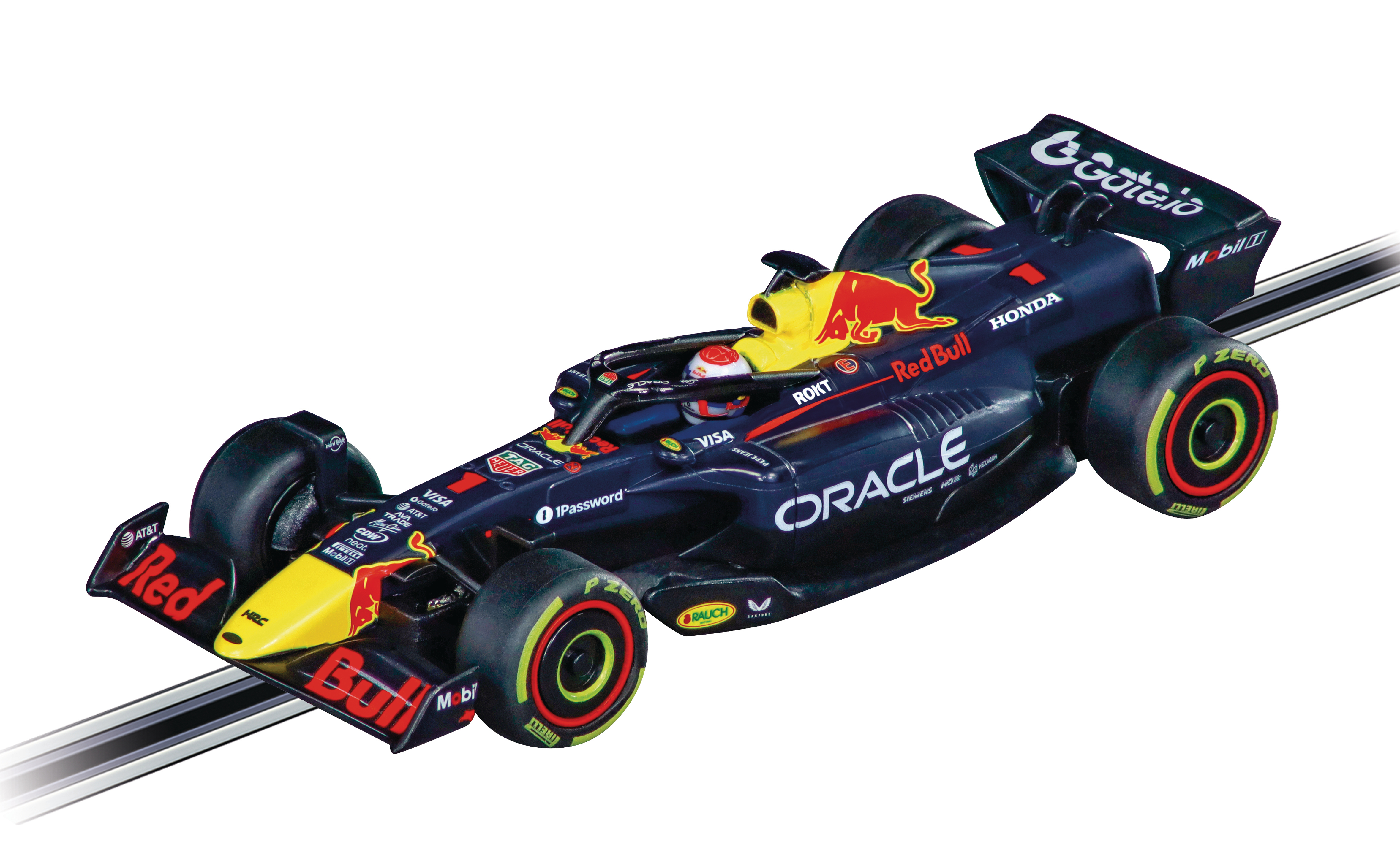 Ein Red Bull Formel-1-Rennwagenmodell. Es hat blaue, gelbe und rote Farben mit Logos. Das Auto steht auf einer silbernen Spur.