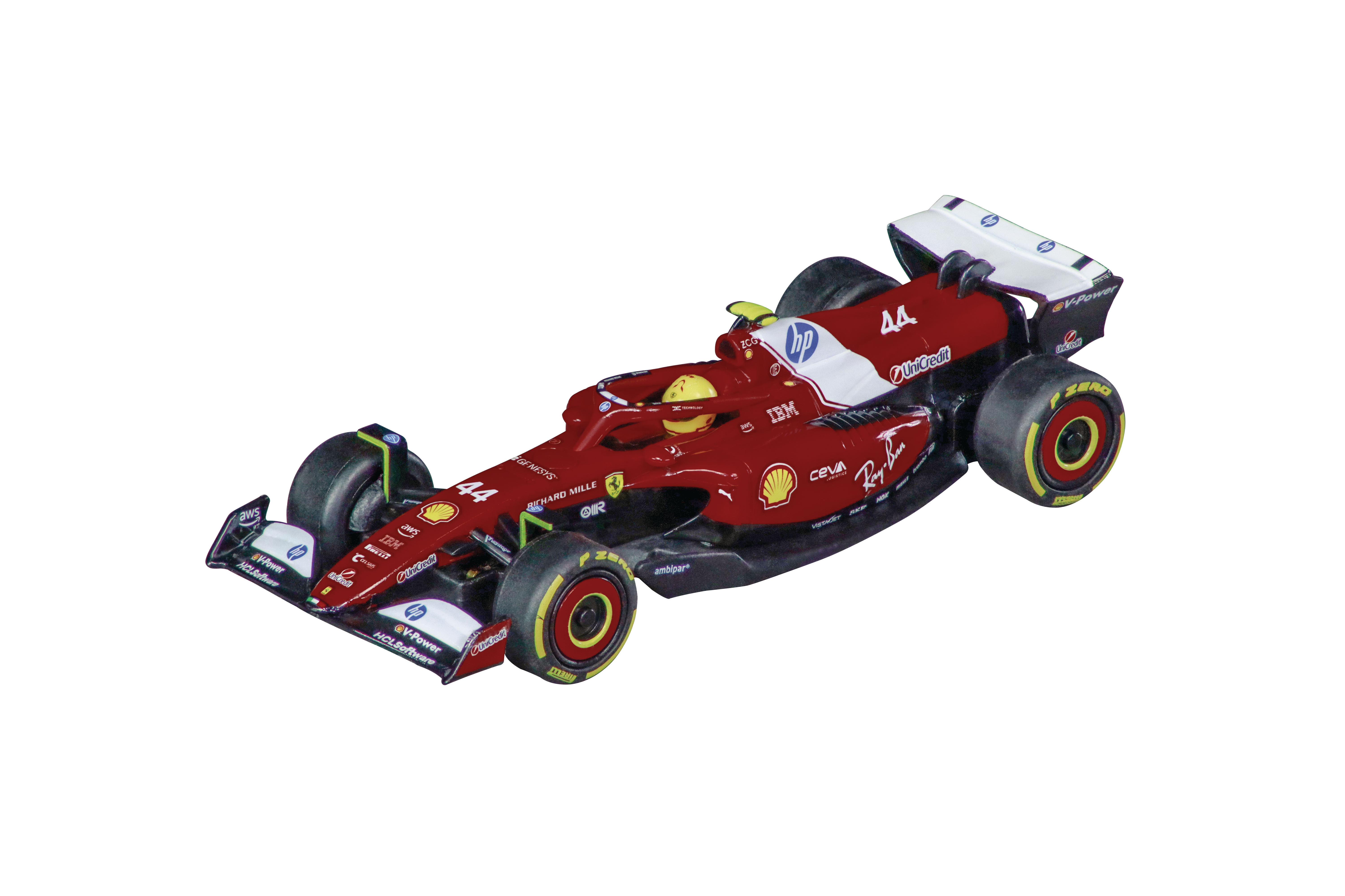 Ein roter Formel-1-Wagen mit der Nummer 44, verschiedenen Sponsorenlogos und einem Fahrer.