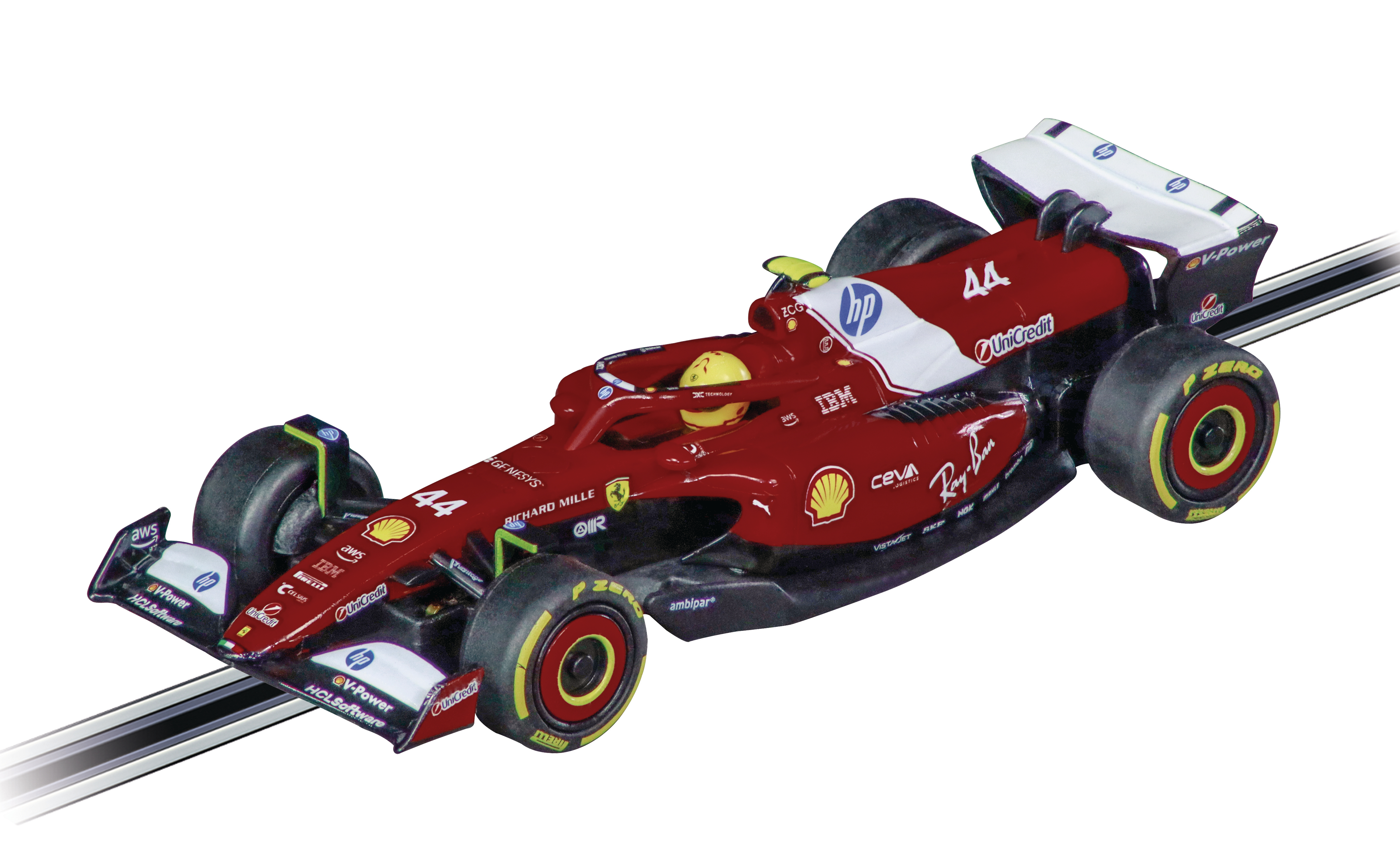 Ein roter und weißer Formel-1-Rennwagen mit der Nummer 44 auf einer Rennstrecke mit verschiedenen Sponsorenlogos.