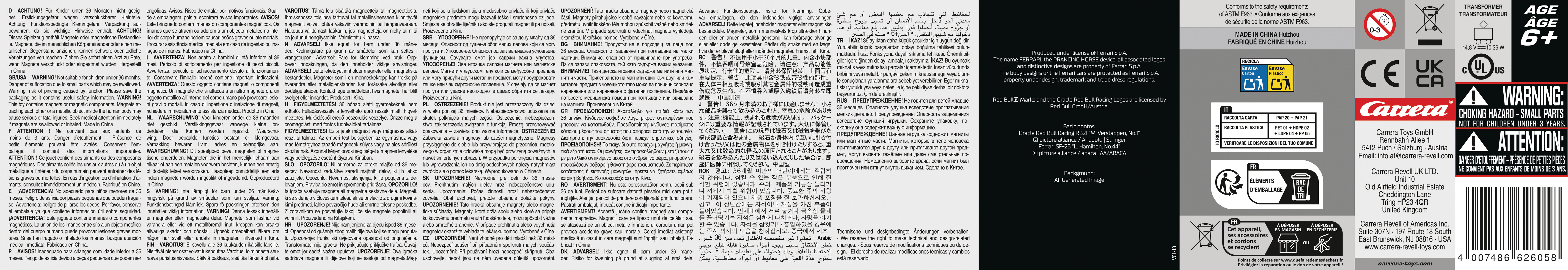 Weißer Text auf schwarzem Hintergrund mit Warnhinweisen, Sicherheitshinweisen und einem Barcode.