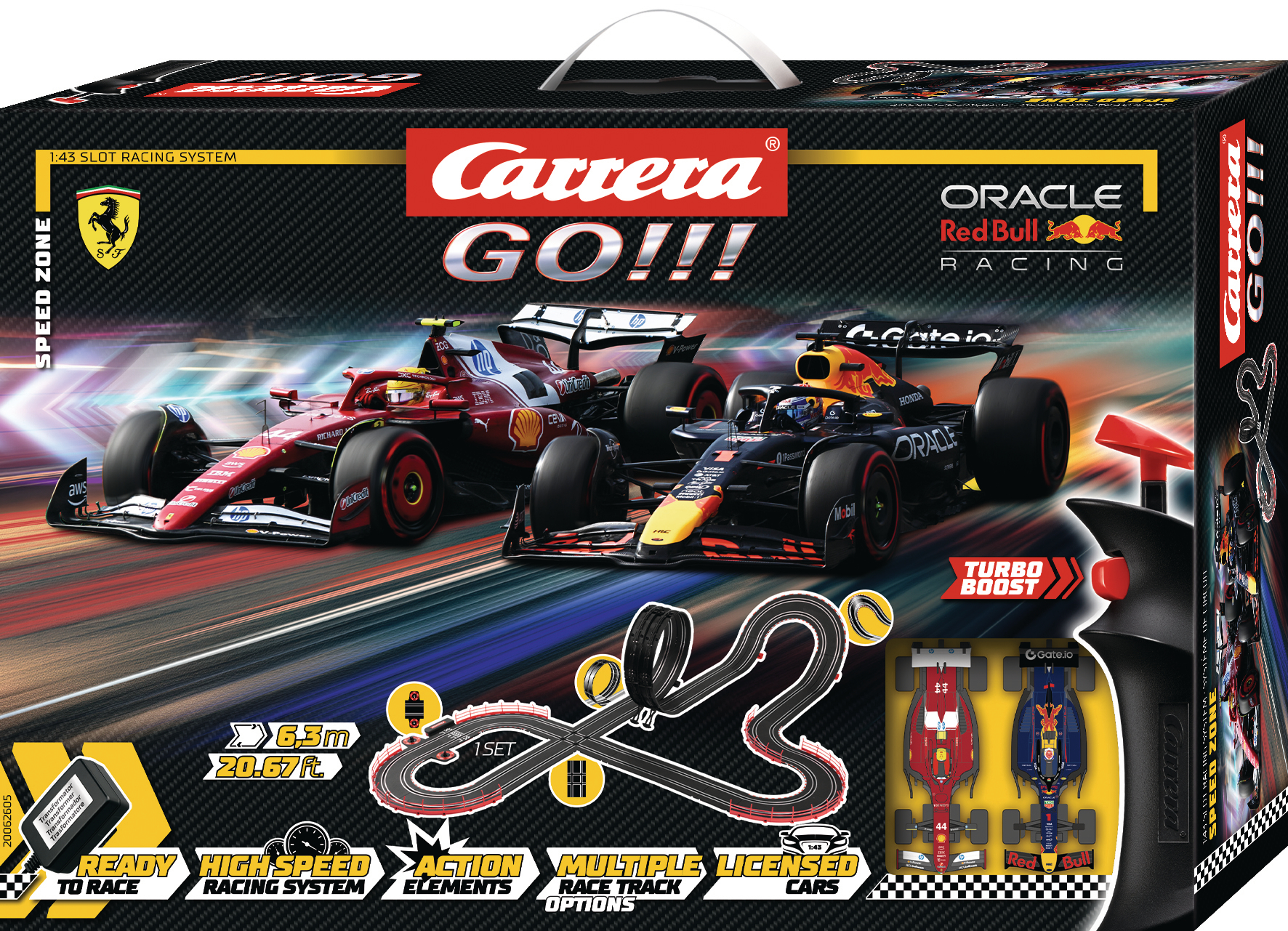 Box-Set des Carrera GO!!! Rennsystems. Enthält zwei F1-Autos, Streckenlayout und Controller. Enthält Logos von Ferrari und Red Bull Racing.