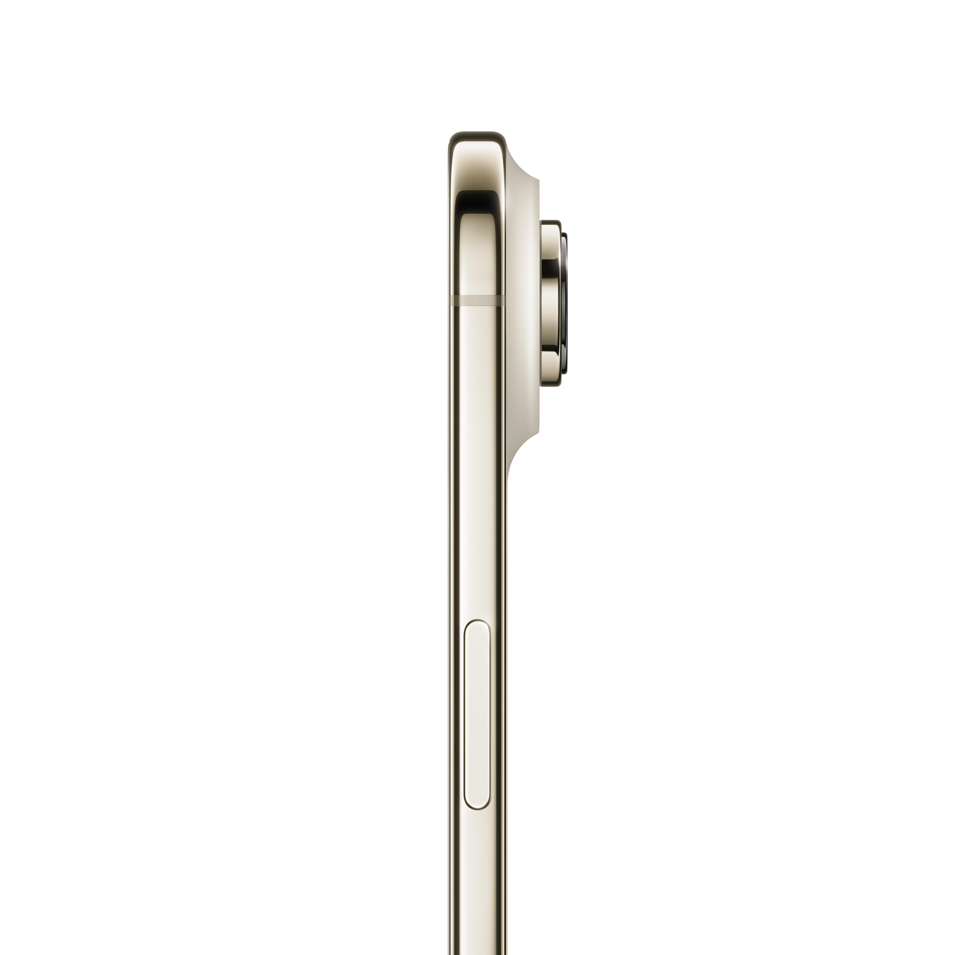 Seitenansicht eines goldenen Smartphones mit Kameralinsen. Weißer Hintergrund. Ein/Aus-Taste sichtbar.