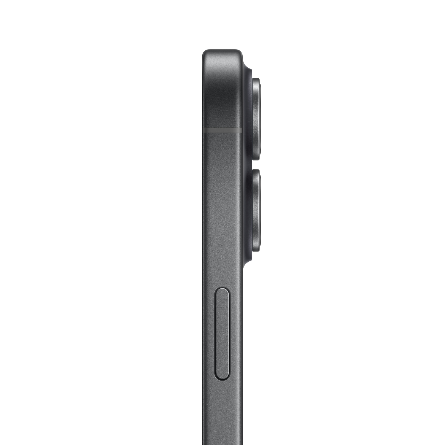 Zijaanzicht van een donkergrijze smartphone, met camerabult met twee lenzen, een volumeknop en het frame tegen een witte achtergrond.