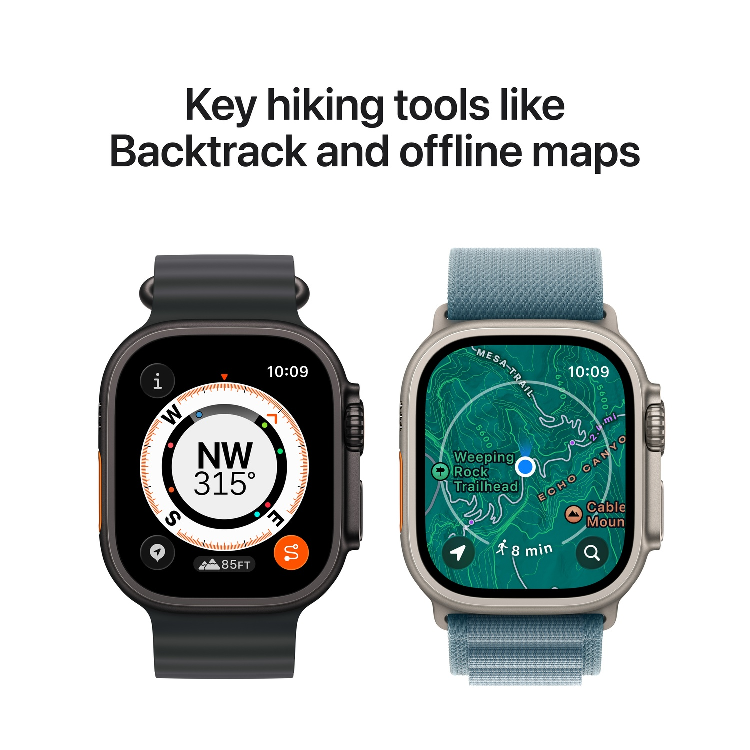 Twee smartwatches die kompas en kaart tonen. Eén zwart, één zilver met blauwe band. Tekst: Wandeltools zoals Backtrack en offline kaarten.
