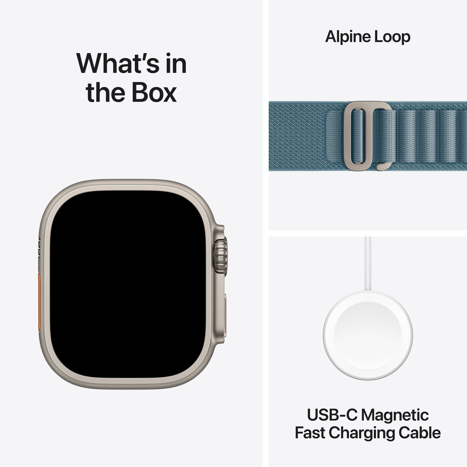 Afbeelding toont een Apple Watch, Alpine Loop en USB-C magnetische snellaadkabel. Alles tegen een witte achtergrond.