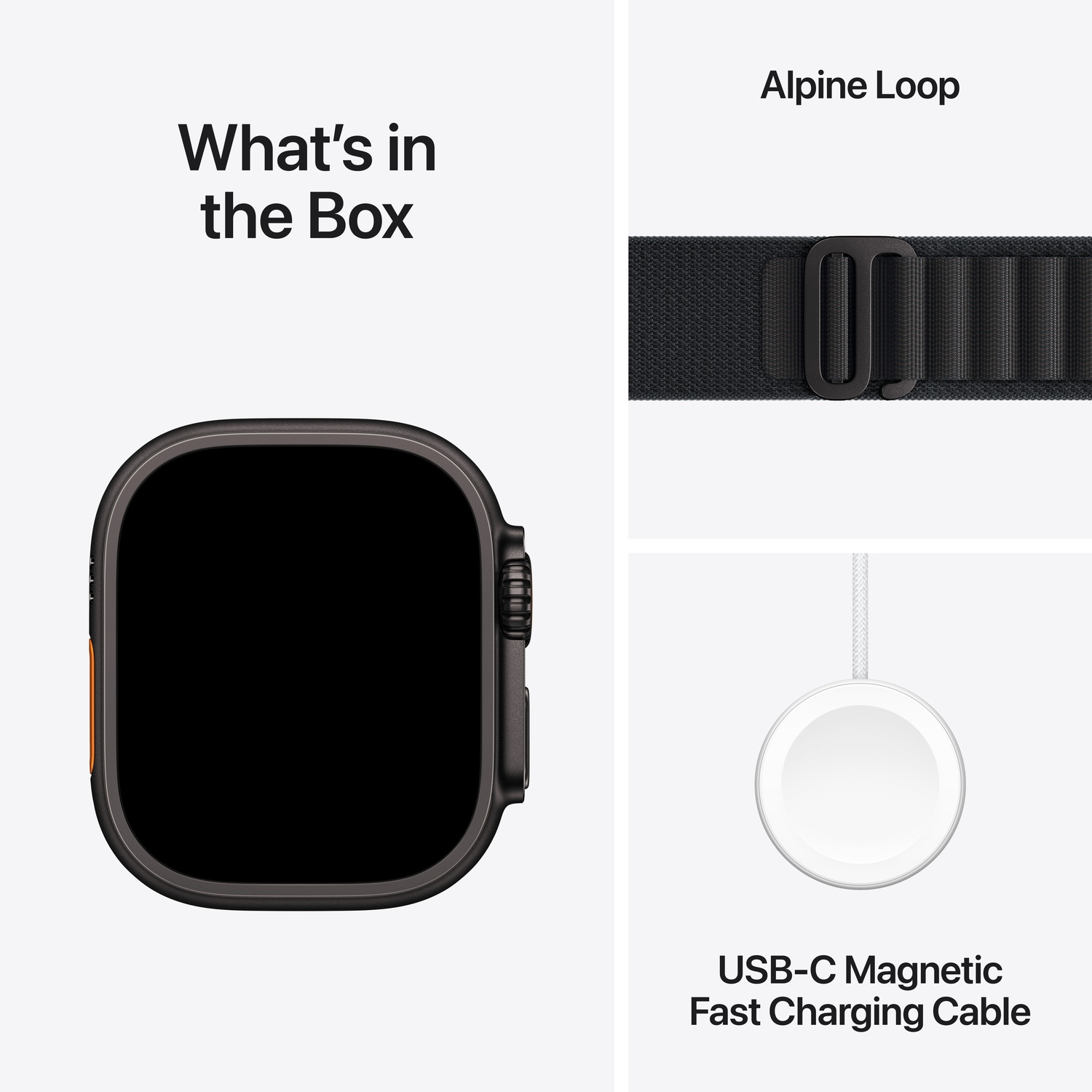 Afbeelding toont Apple Watch Ultra, Alpine Loop-band en USB-C Magnetic Fast Charging Cable. Tekst: 'Wat zit er in de doos'.