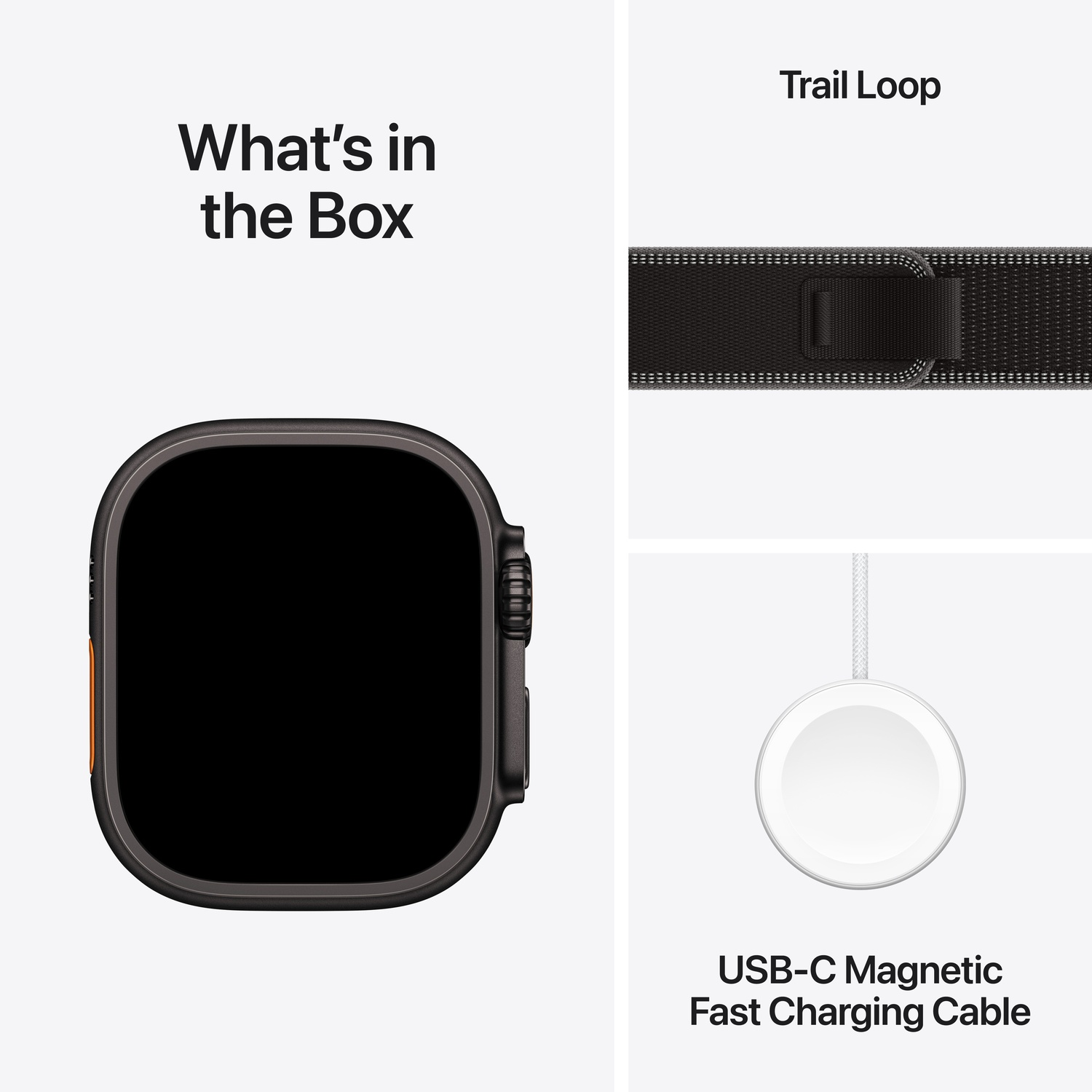 Afbeelding toont de inhoud van een doos: Apple Watch Ultra, Trail Loop bandje en USB-C magnetische snellaadkabel, alles op een witte achtergrond.