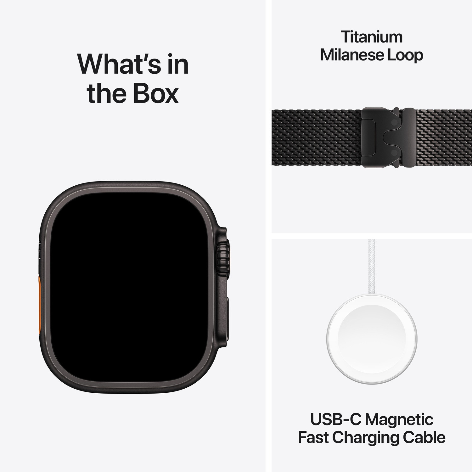 The image shows the contents of a box: a smartwatch, a Milanese loop band, and a USB-C magnetic charging cable.