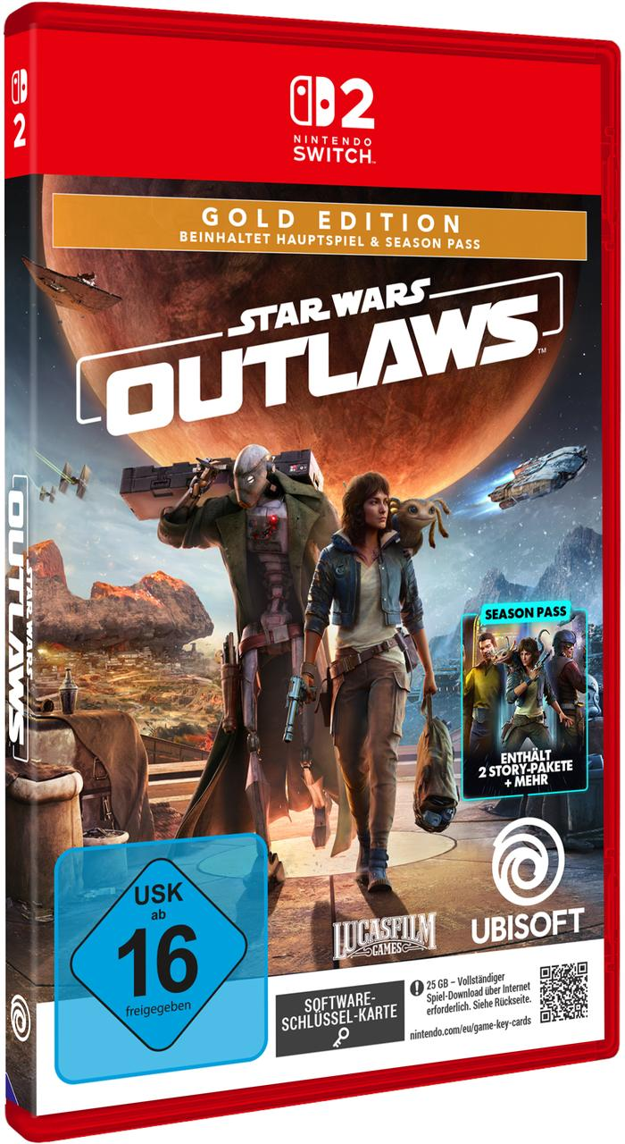 Star Wars Outlaws Spielcover. Charaktere stehen auf einem Planeten. Das Nintendo Switch-Logo befindet sich oben.