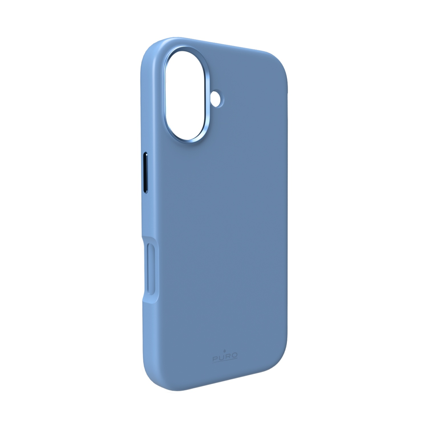 Una custodia blu per telefono con un ritaglio per la fotocamera e il logo Puro. La custodia è su sfondo bianco.