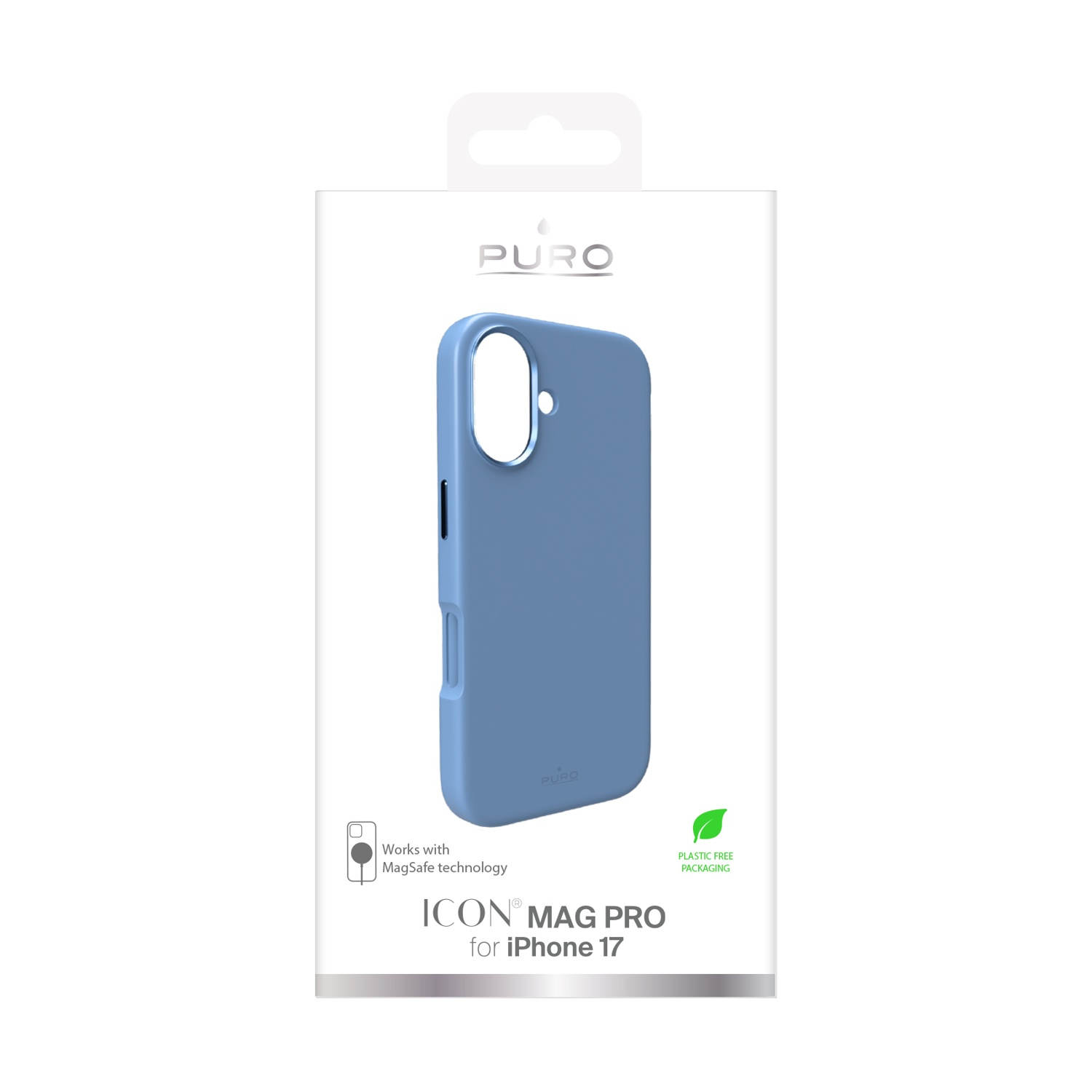 Una custodia blu per telefono in una scatola bianca. Sulla scatola c'è il marchio "PURO" e la scritta "ICON MAG PRO for iPhone 17".