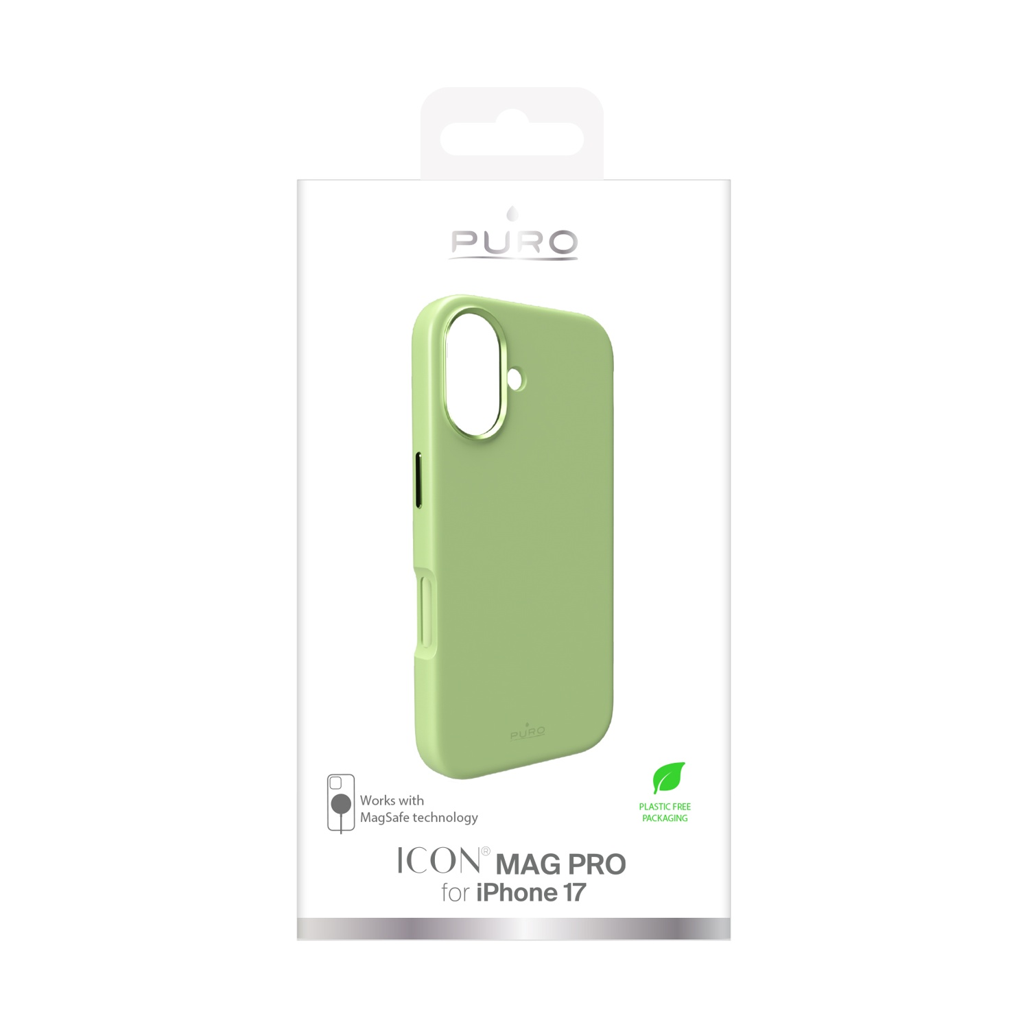 Una custodia per telefono in una scatola. La custodia è verde chiaro. La scatola dice 'PURO', 'ICON MAG PRO for iPhone 17' e 'Plastic Free Packaging'.