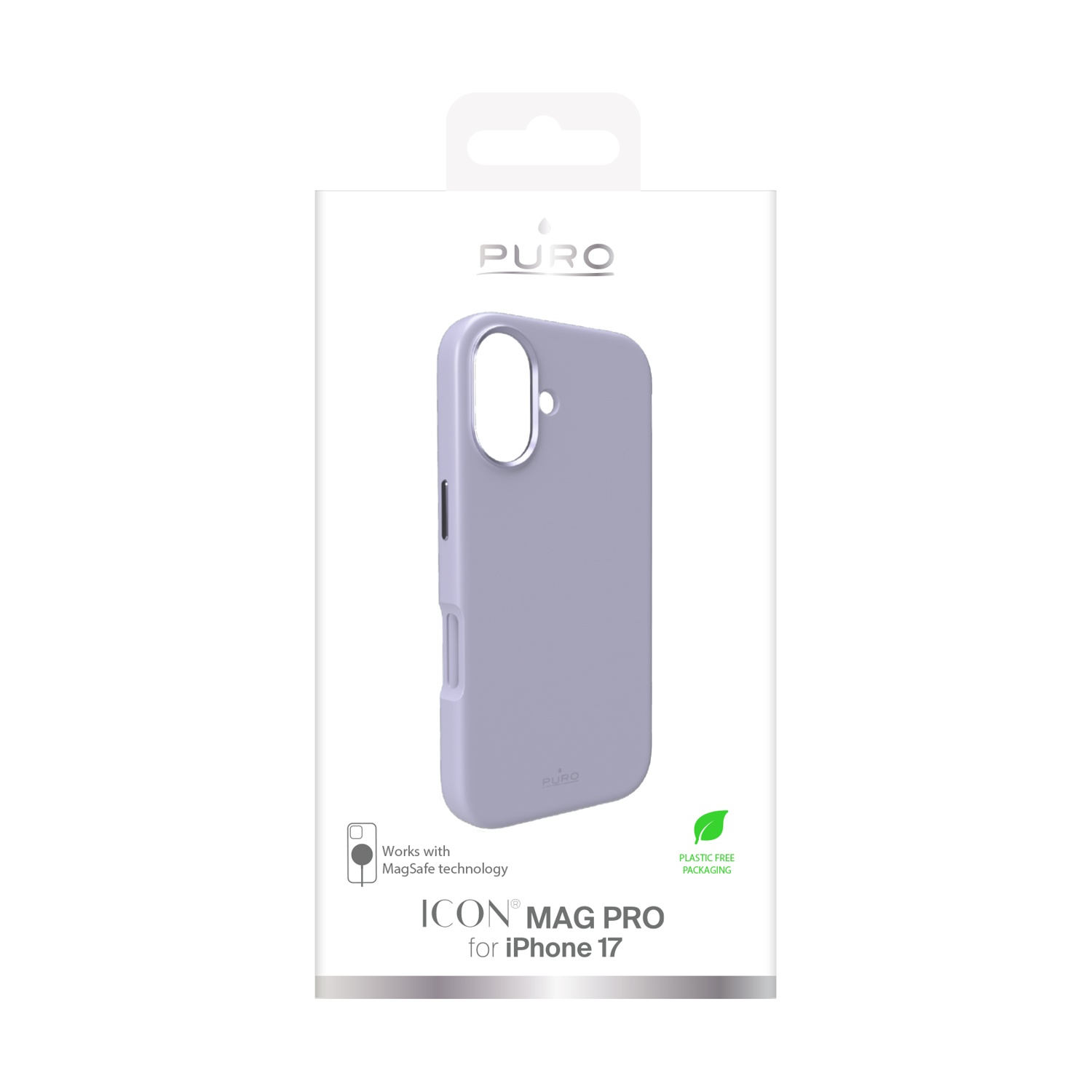 Una custodia lilla per iPhone 17, in una scatola bianca. La custodia ha un ritaglio per la fotocamera e un logo. Testo: ICON MAG PRO.