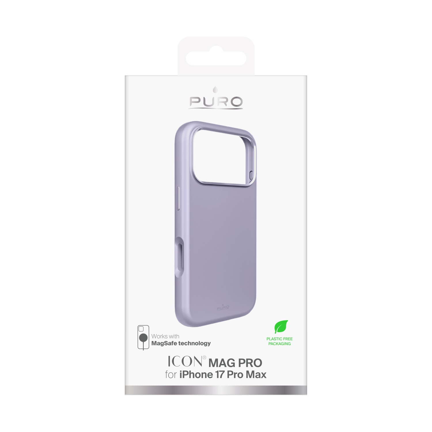 Una custodia per telefono in una confezione. La custodia è color lavanda e contrassegnata con 'ICON MAG PRO'. La confezione indica per iPhone 17 Pro Max.