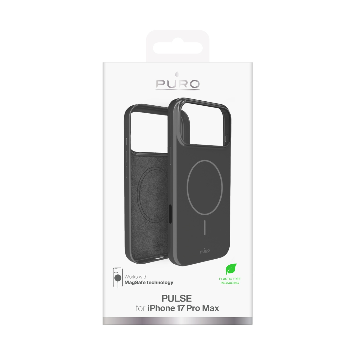 Una custodia nera Puro per iPhone 17 Pro Max è esposta nella sua confezione. Sulla confezione c'è scritto "PULSE" e "Imballaggio senza plastica".