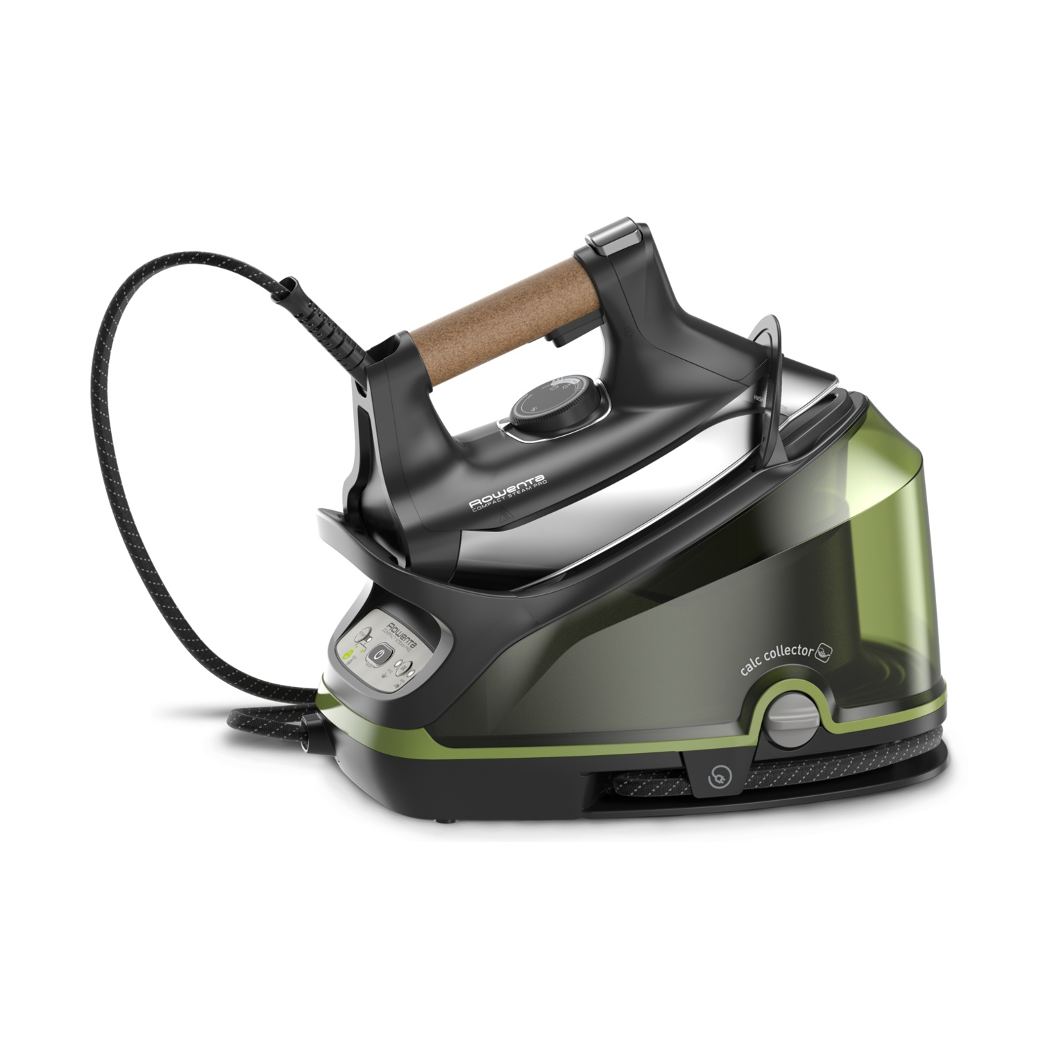 Un ferro da stiro a vapore nero e verde con manico in legno e cavo nero, su sfondo bianco. La base ha l'etichetta 'calc collector'.