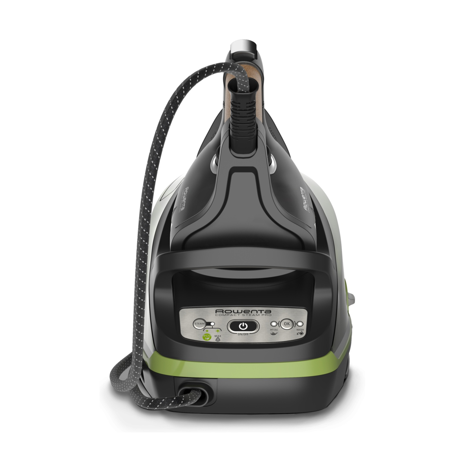 Un ferro da stiro Rowenta Compact Steam Pro, nero e verde, con un cavo bianco e nero, è su una superficie bianca. Il ferro è al centro.