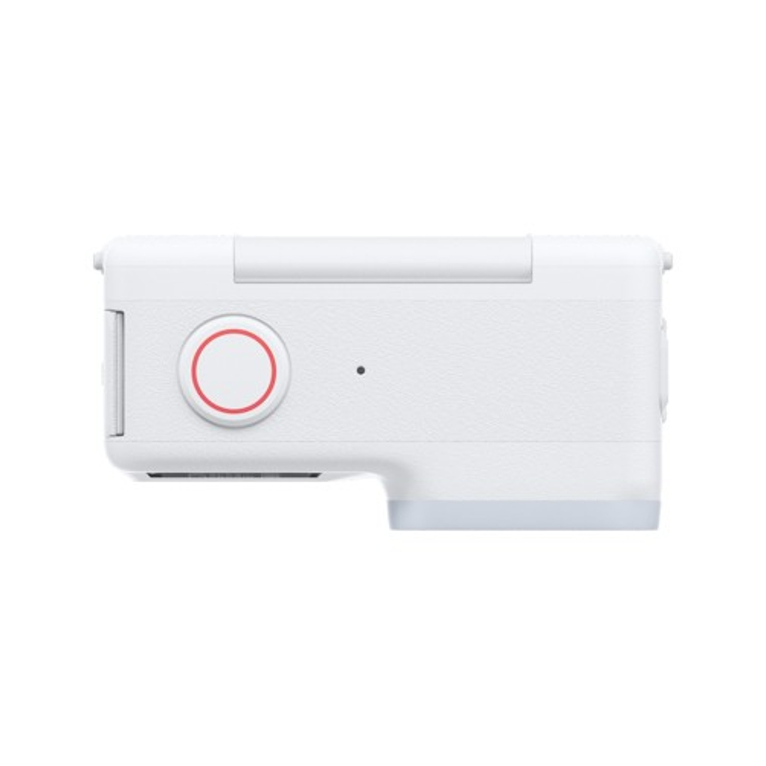 Una fotocamera bianca con un pulsante con anello rosso, un piccolo punto e una base grigio chiaro, su sfondo bianco.