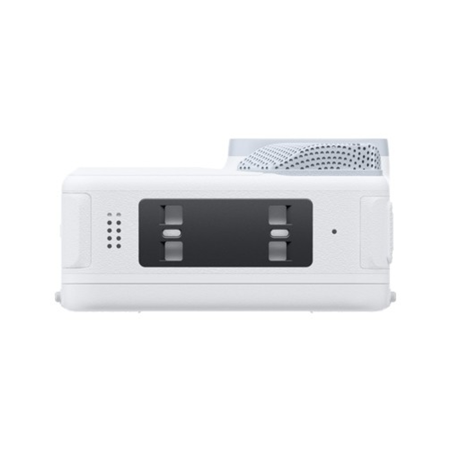 Un dispositivo rettangolare bianco, probabilmente una fotocamera, con schermo scuro e ventilazione in alto. Su sfondo bianco.