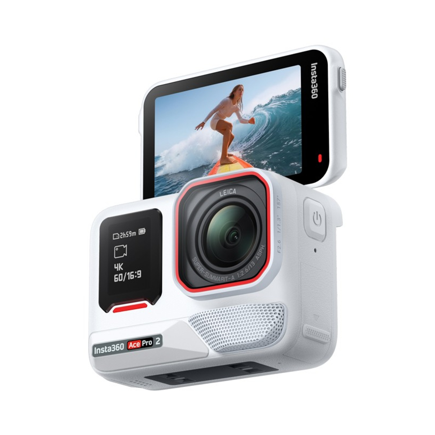 Fotocamera Insta360 Ace Pro 2 bianca con schermo che mostra un surfista su un'onda. La fotocamera ha un obiettivo Leica.