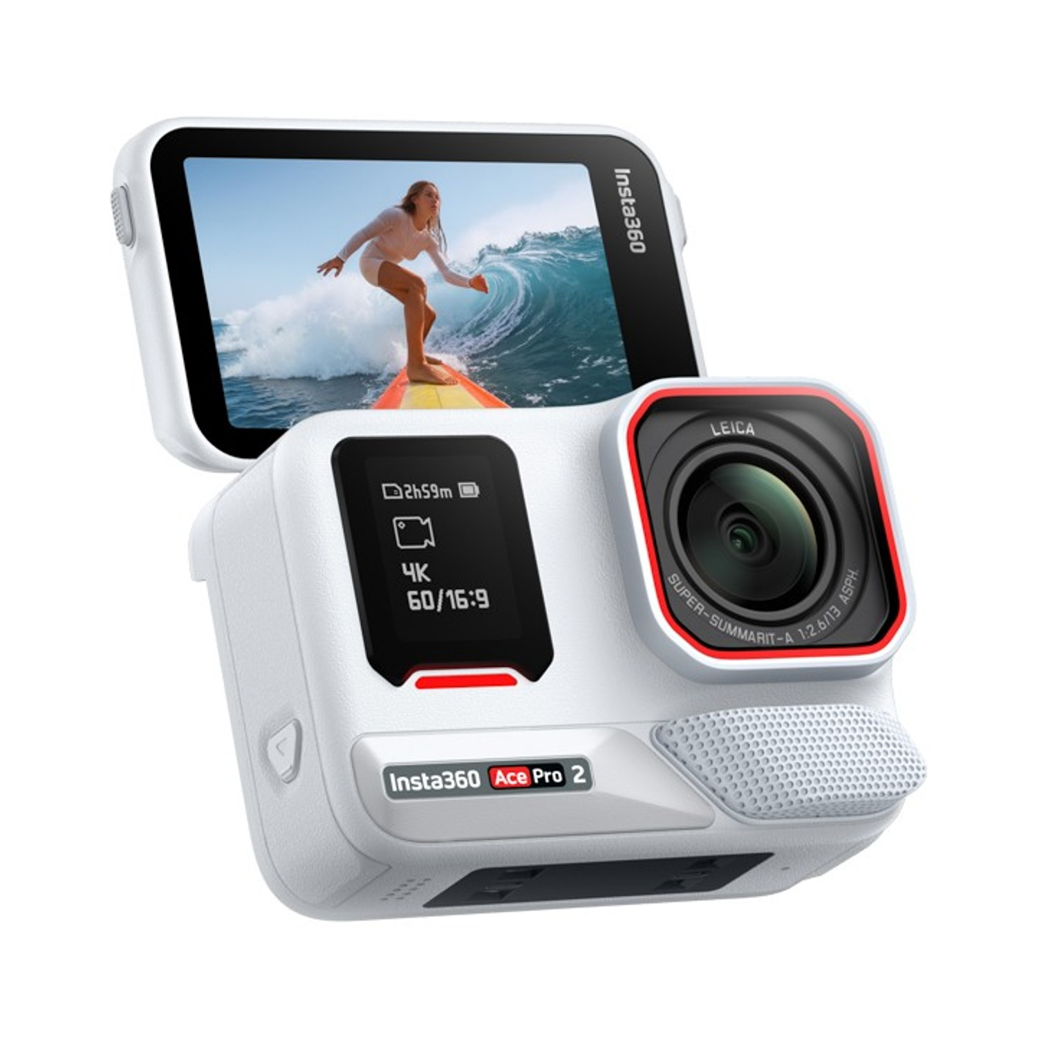 Videocamera bianca Insta360 Ace Pro 2 con surfista sull'onda. Obiettivo Leica e schermo che mostra un video.