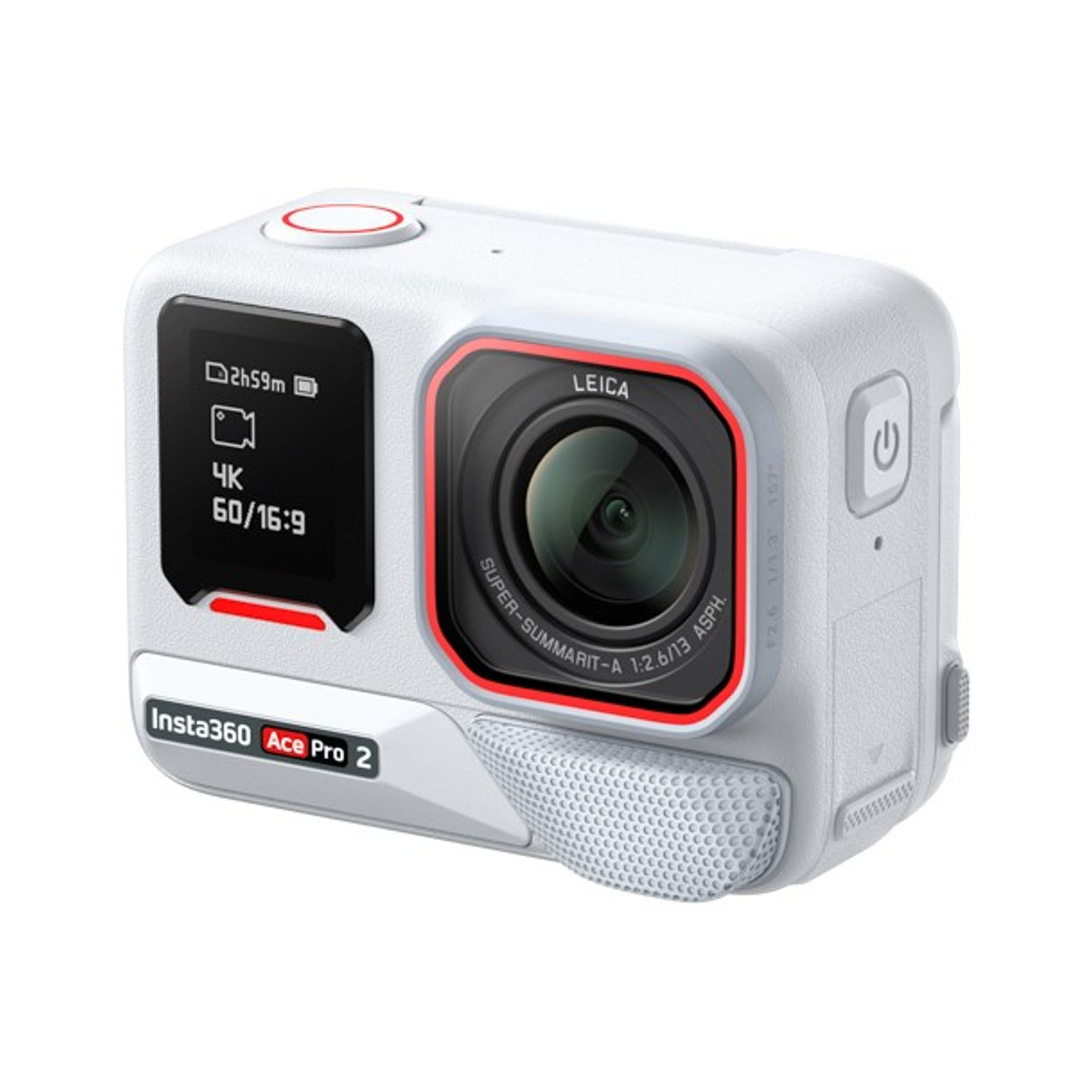 Una fotocamera Insta360 Ace Pro 2 bianca. Ha uno schermo nero, un obiettivo Leica e dettagli rossi. La fotocamera è su una superficie bianca.