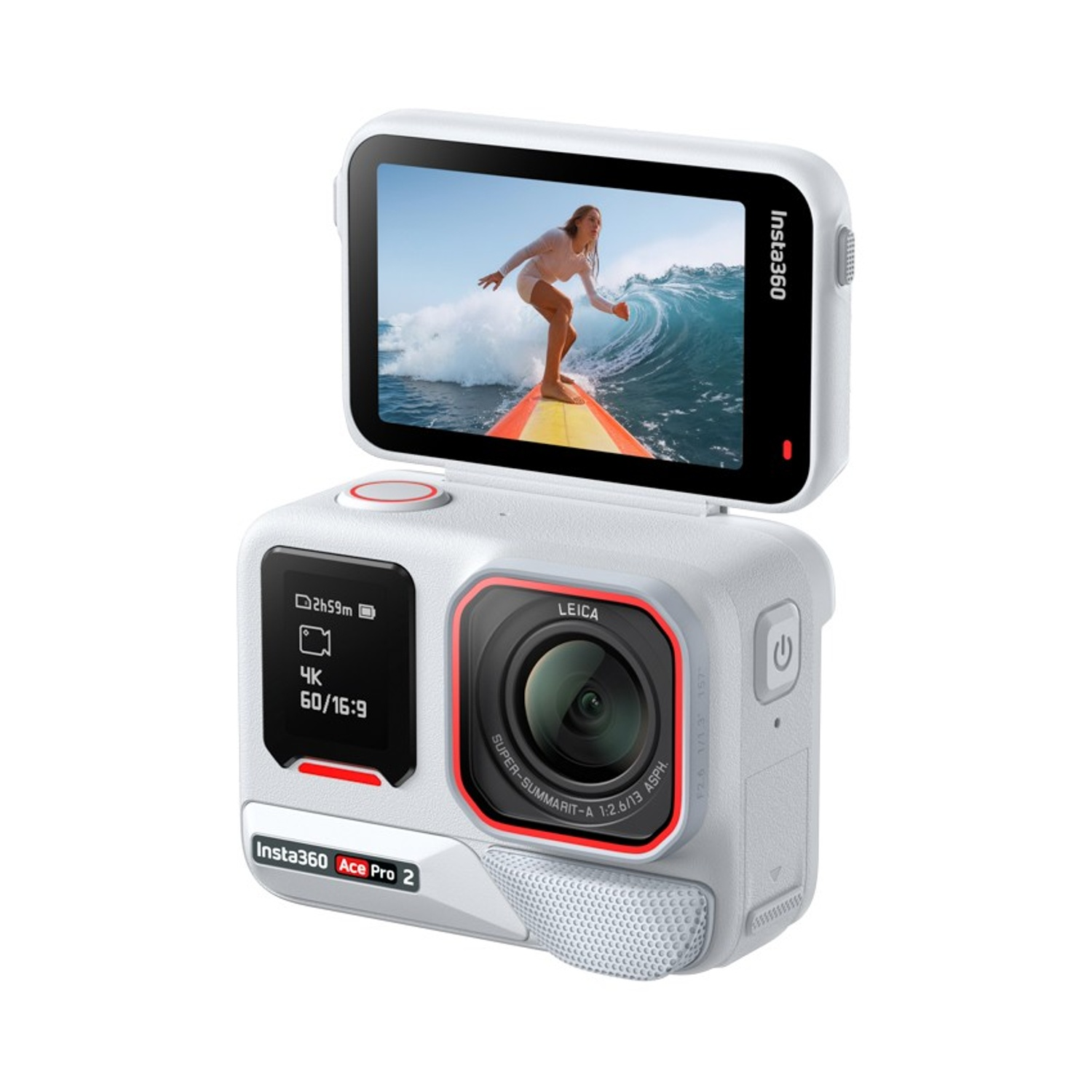 Una fotocamera bianca Insta360 Ace Pro 2 mostra un surfista su un'onda. La fotocamera ha uno schermo, un obiettivo e vari pulsanti.