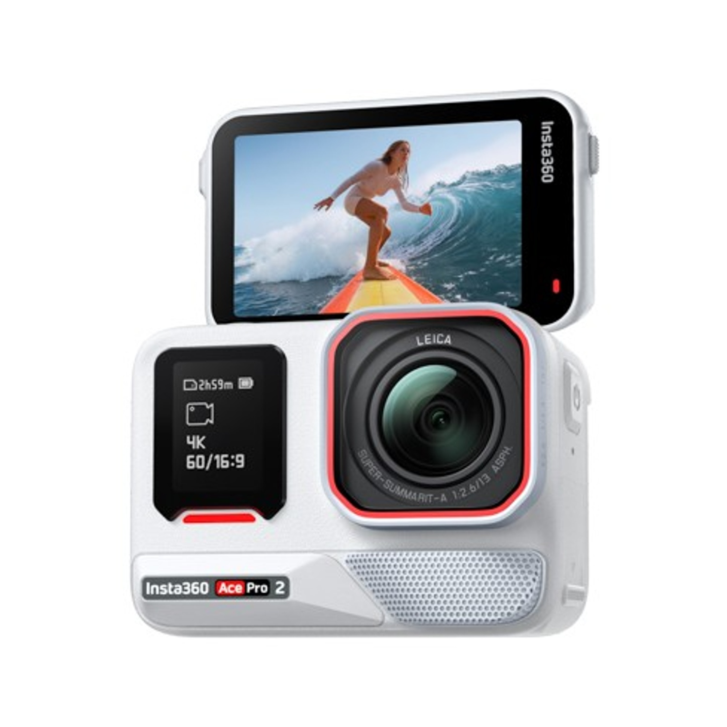 Fotocamera bianca Insta360 Ace Pro 2 con schermo che mostra un surfista su un'onda. Ha un obiettivo Leica ed è isolata su bianco.