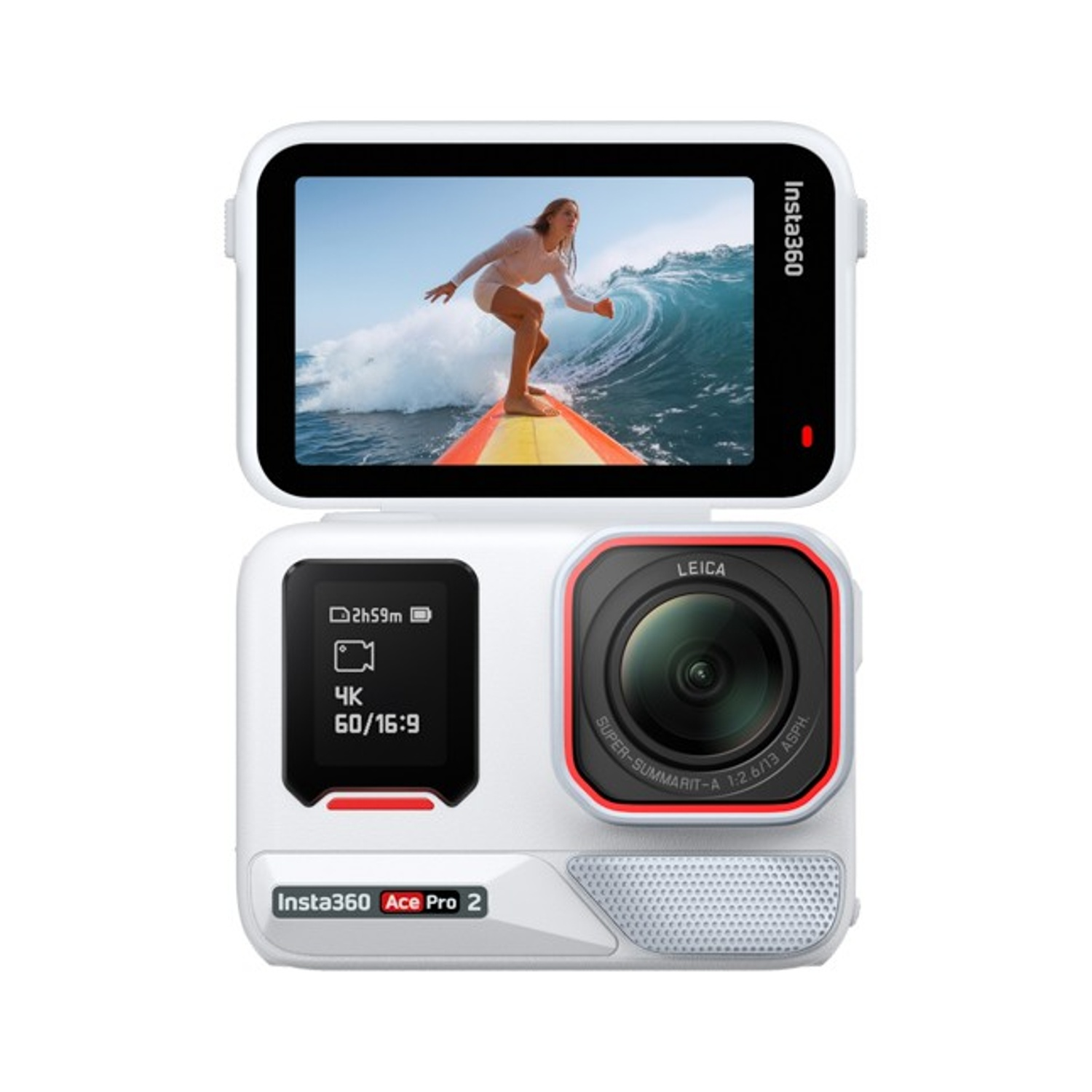 Una fotocamera bianca Insta360 Ace Pro 2 mostra un surfista su un'onda. La fotocamera ha un obiettivo Leica e uno schermo con impostazioni video 4K.