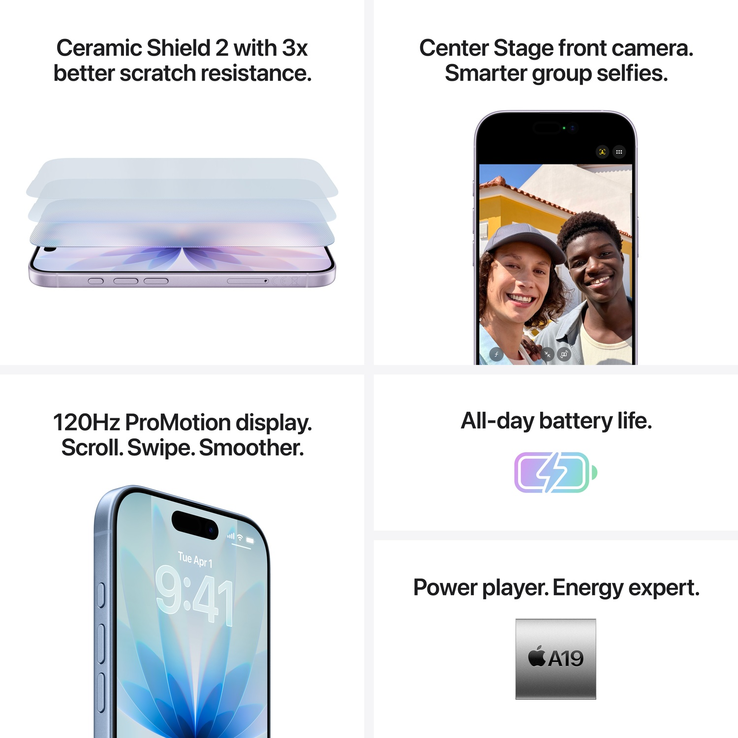Een advertentie toont telefooncomponenten en -functies: een scherm, camera, batterij en processor. Tekst beschrijft kenmerken zoals krasbestendigheid.