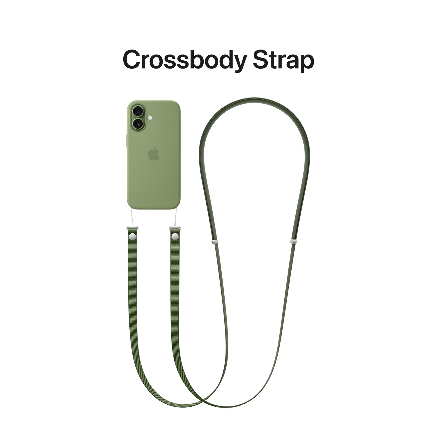 Een olijfgroene telefoonhoes met een crossbody-riem. De riem is donkergroen. De telefoonhoes heeft een Apple-logo en camera.