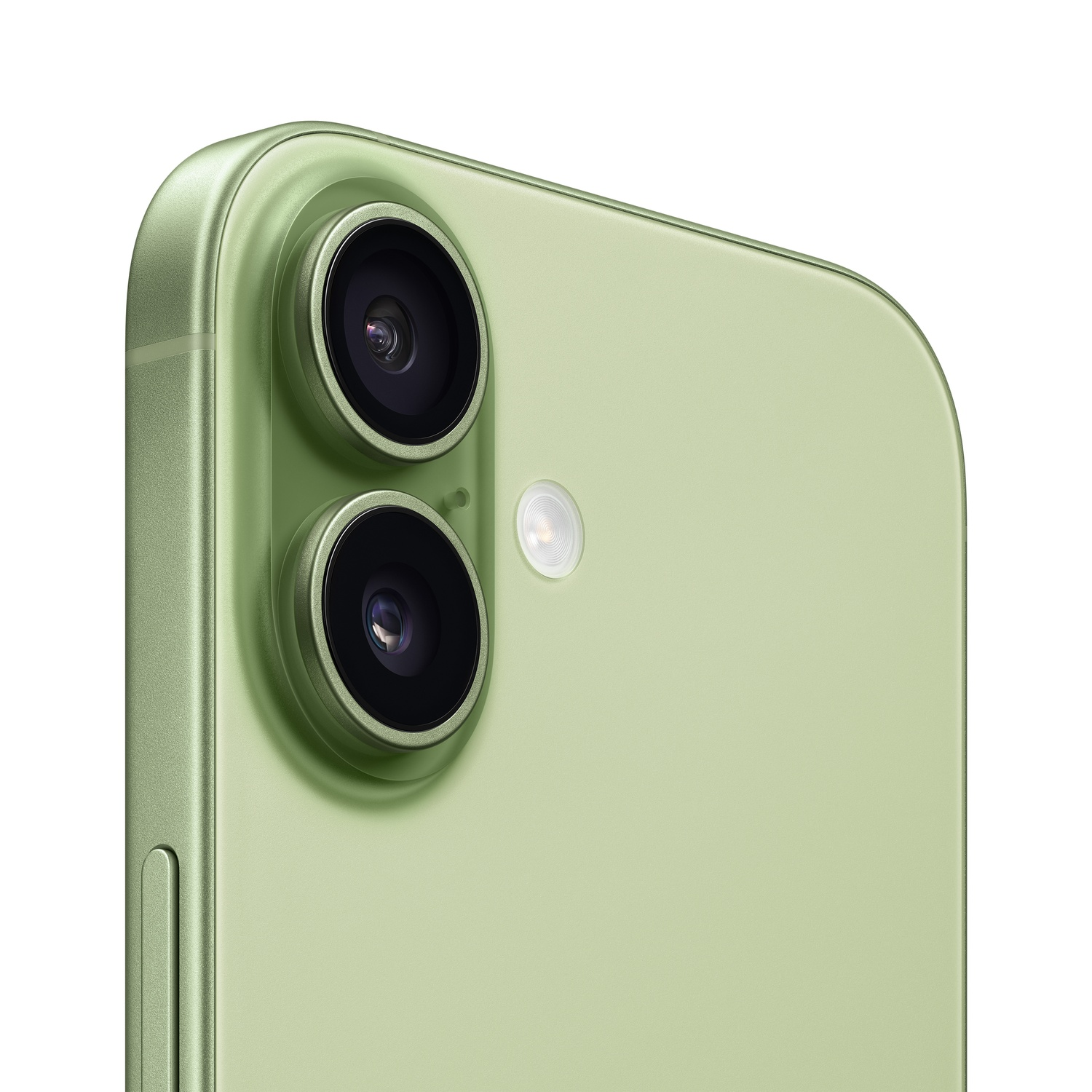 Close-up of a green smartphone's camera module. Two lenses and a flash are visible against a light green background.