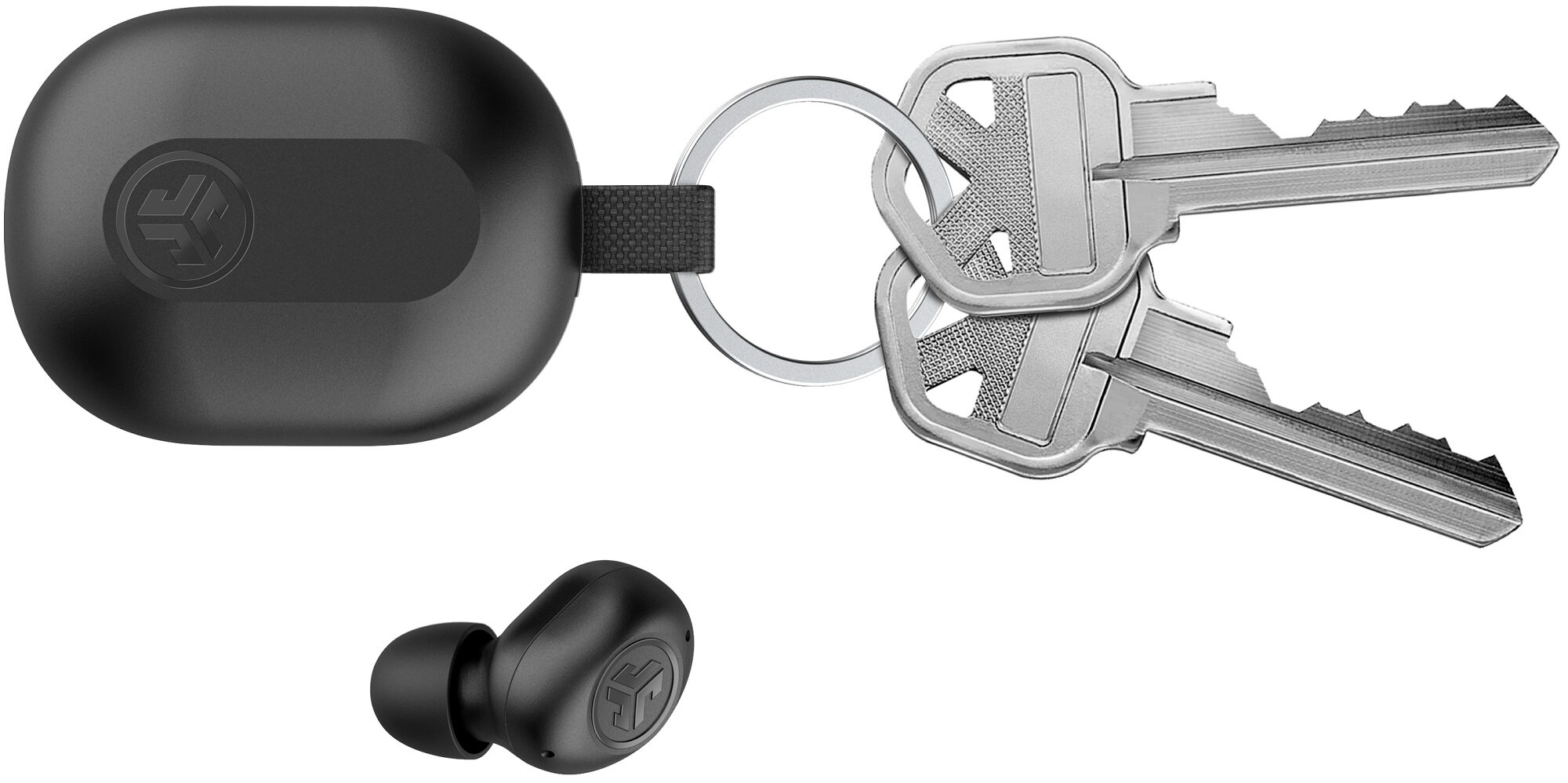 Czarne słuchawki, etui ładujące i klucze na breloczku. Etui i słuchawki mają logo.