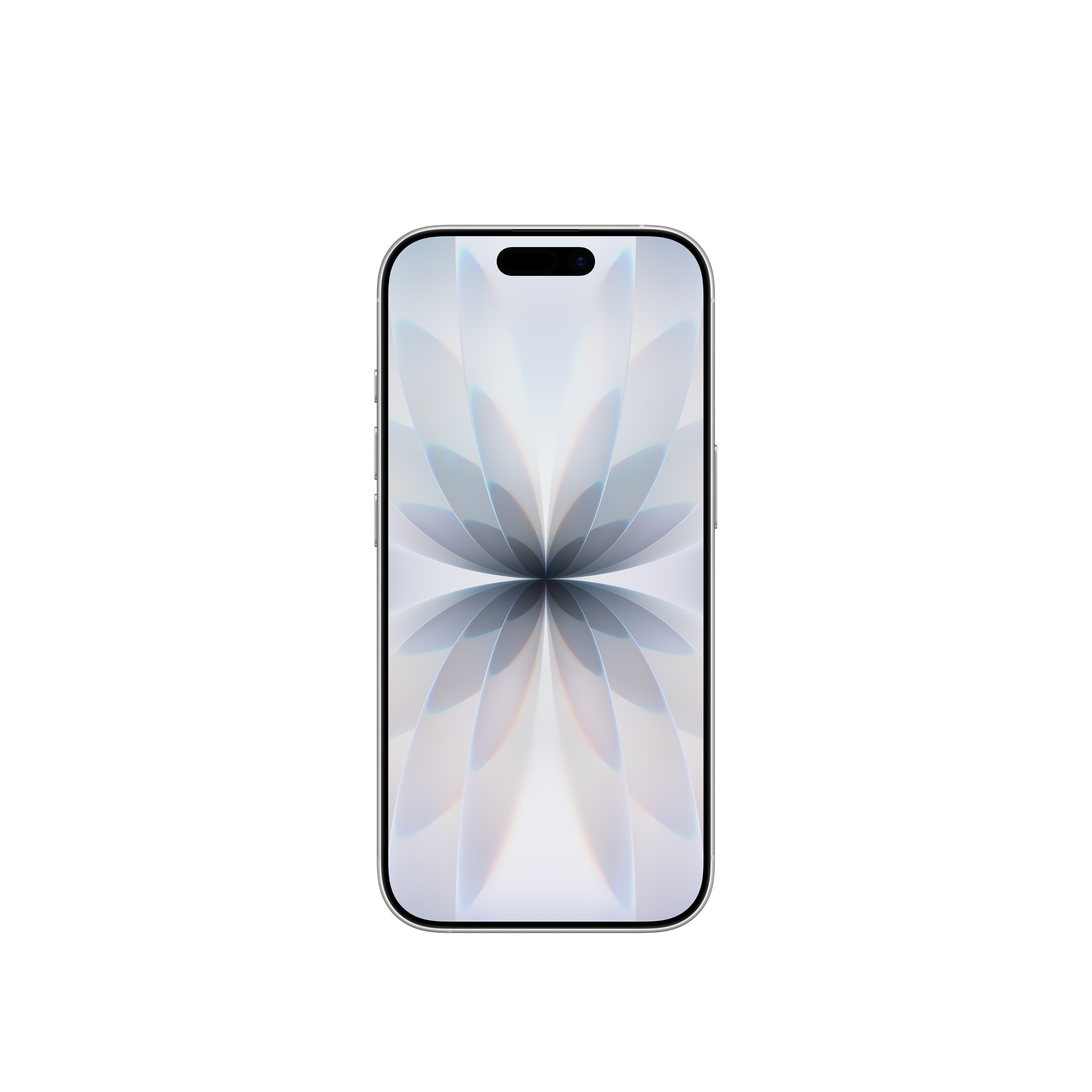 Ein silbernes iPhone zeigt ein hellblaues Blumenmuster auf dem Bildschirm. Der Hintergrund ist weiß.