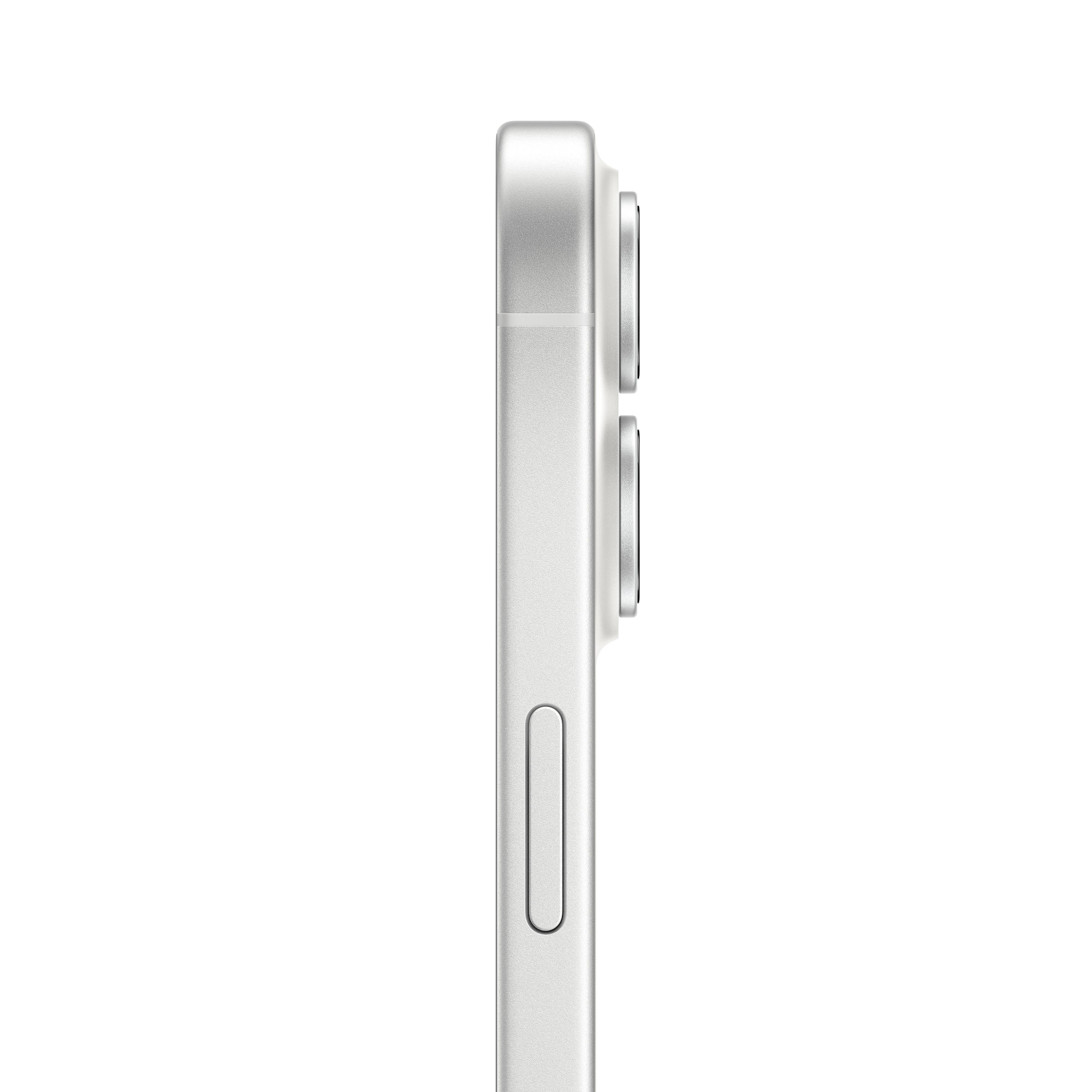 Seitenansicht eines silbernen Smartphones. Es hat eine Kameraausbuchtung, eine Taste und eine glatte, metallische Oberfläche.