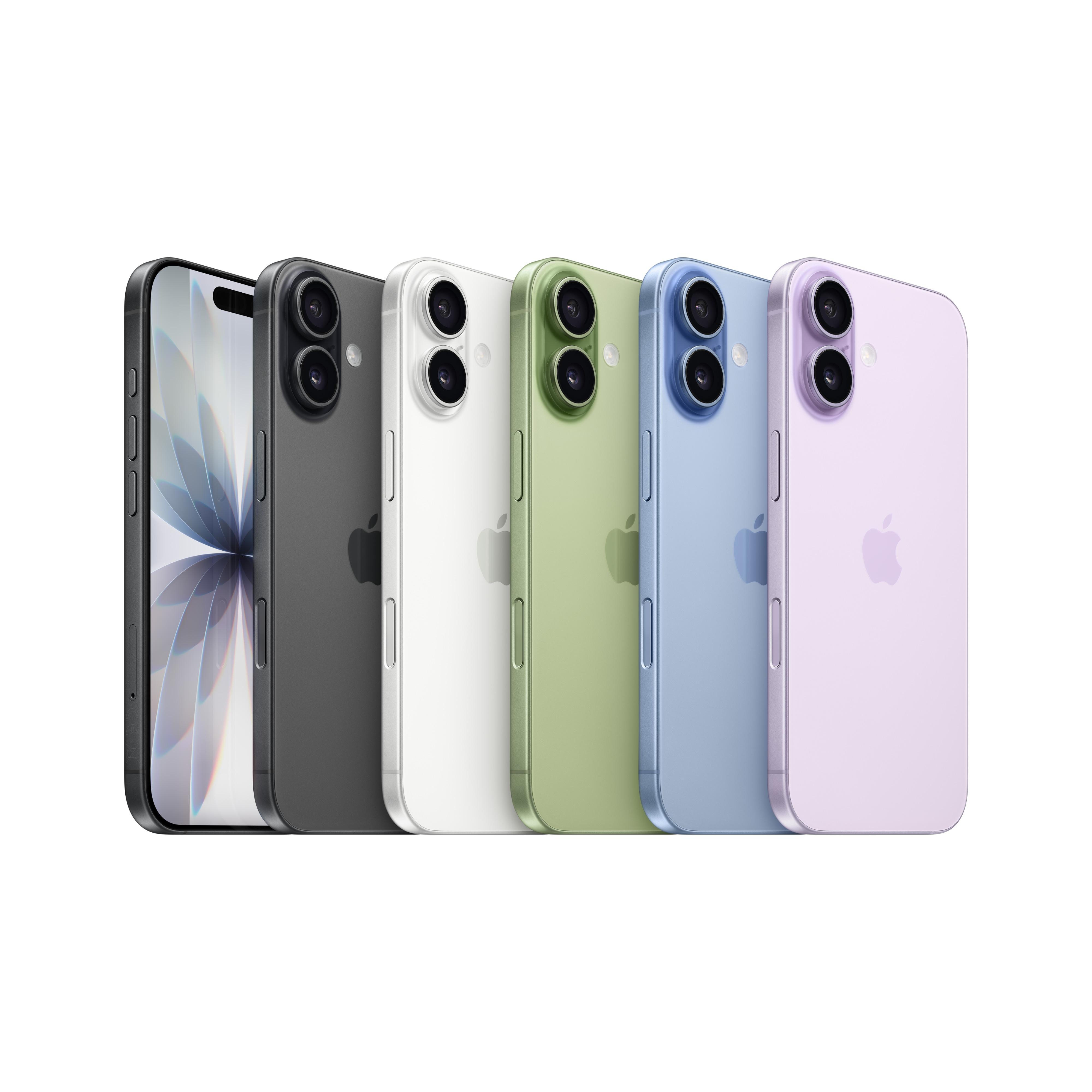 Sechs Smartphones in einer Reihe, verschiedene Farben: Schwarz, Weiß, Grün, Blau und Lila. Jedes mit zwei Kameras.