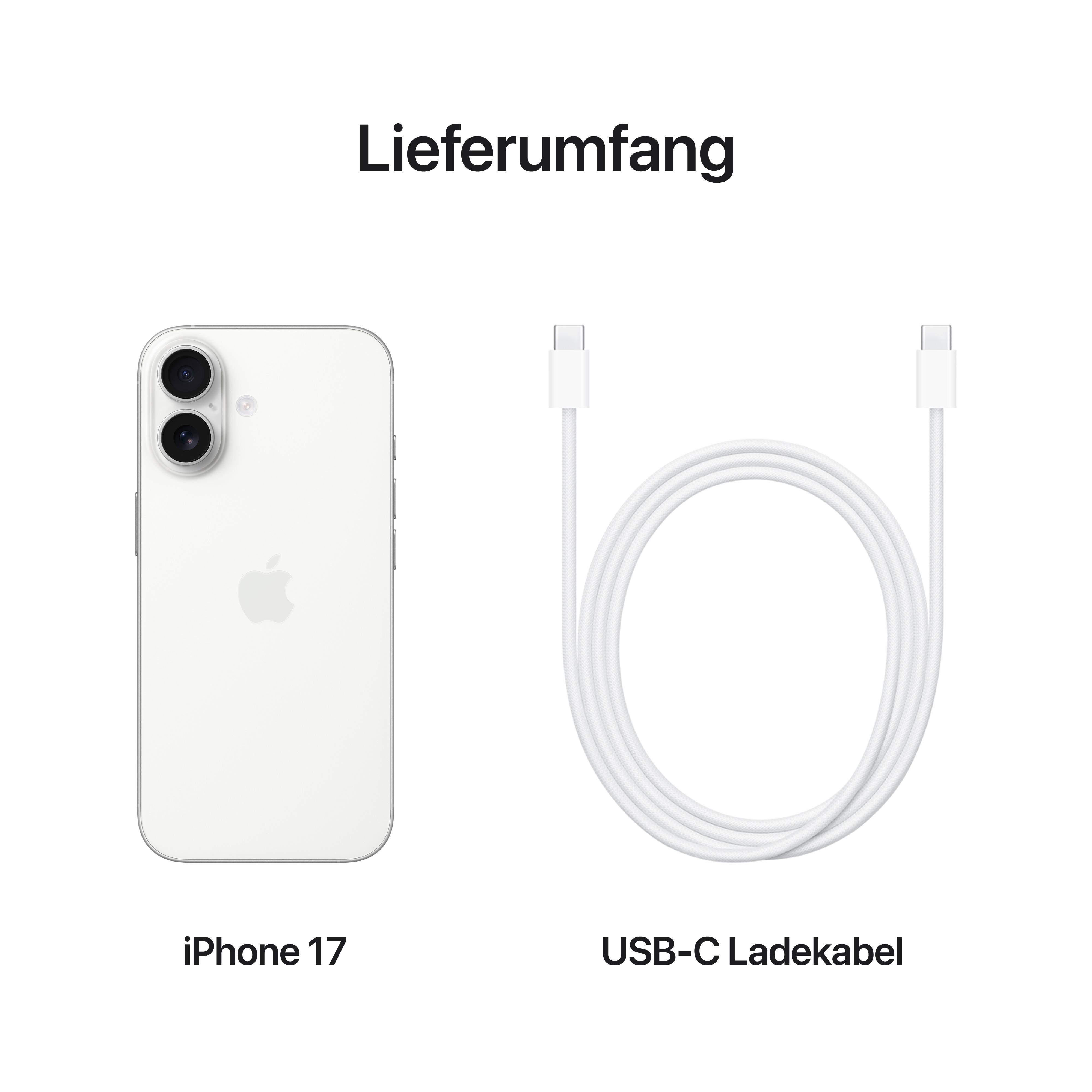 Weißes iPhone 17 und weißes USB-C-Kabel auf weißem Hintergrund. Das iPhone befindet sich links, das Kabel rechts.