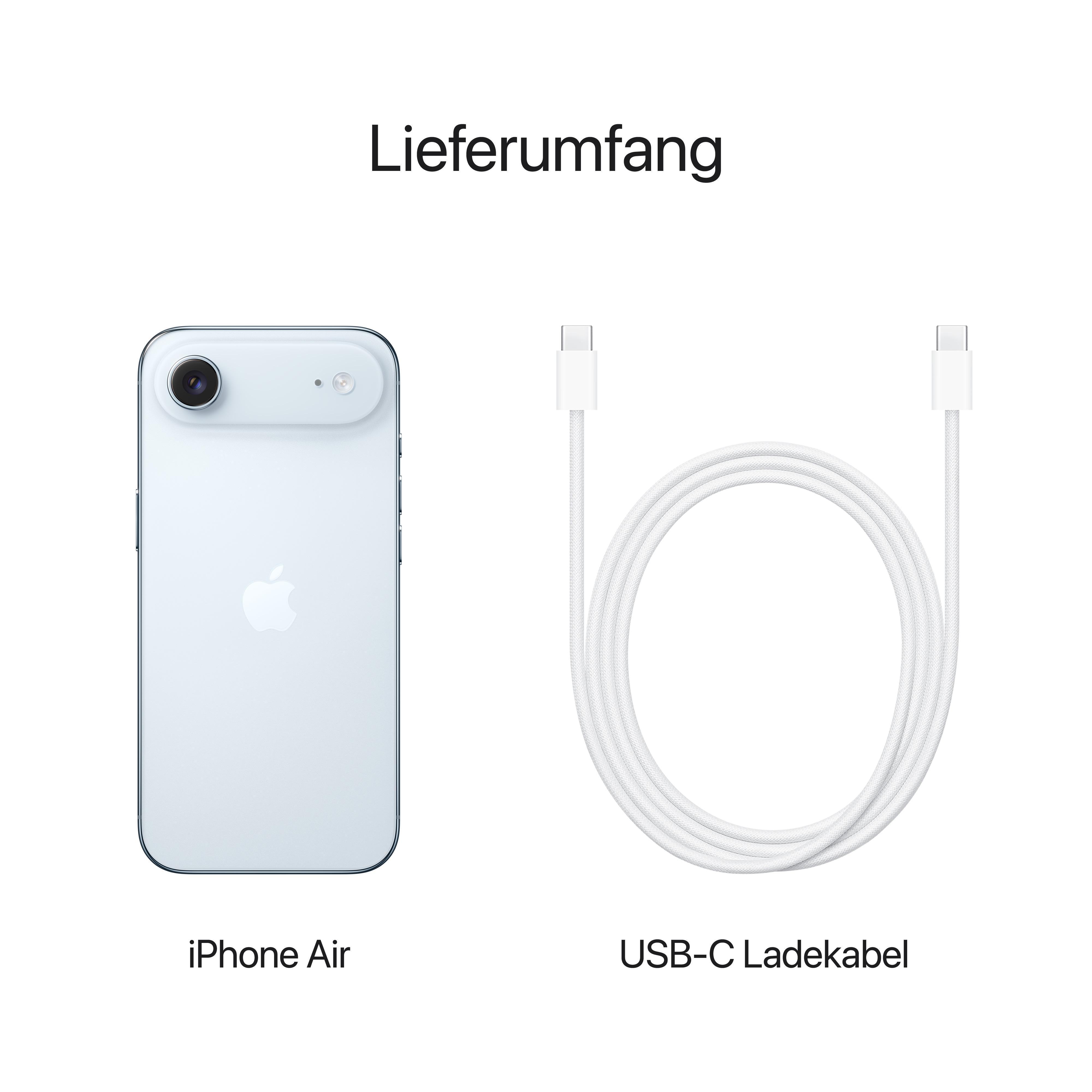 Ein weißes iPhone Air und ein weißes USB-C-Ladekabel werden auf weißem Hintergrund angezeigt. Der Text "Lieferumfang" steht darüber.