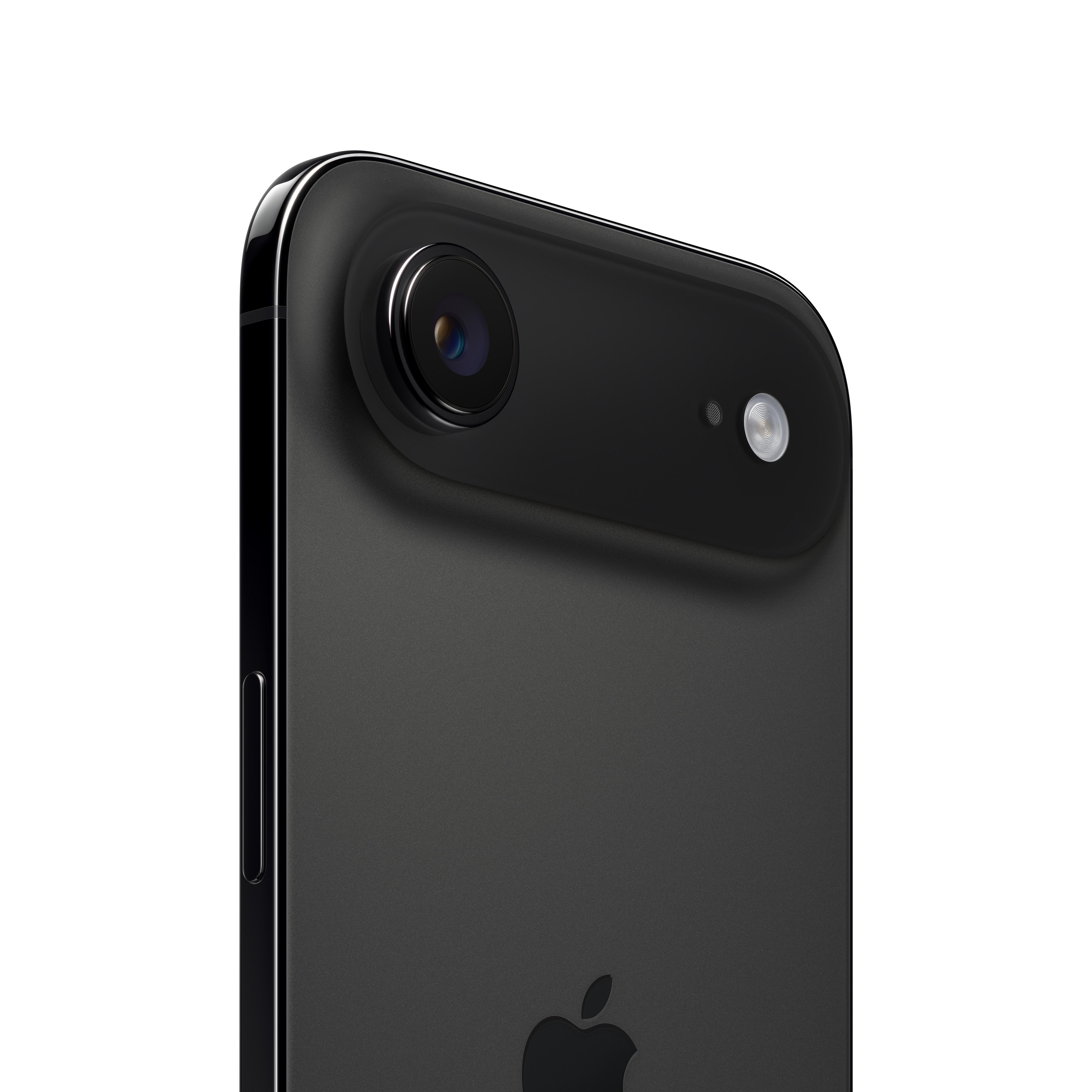 Nahaufnahme eines schwarzen iPhone SE. Kamera, Blitz und Apple-Logo sind sichtbar. Das Telefon befindet sich auf weißem Grund.