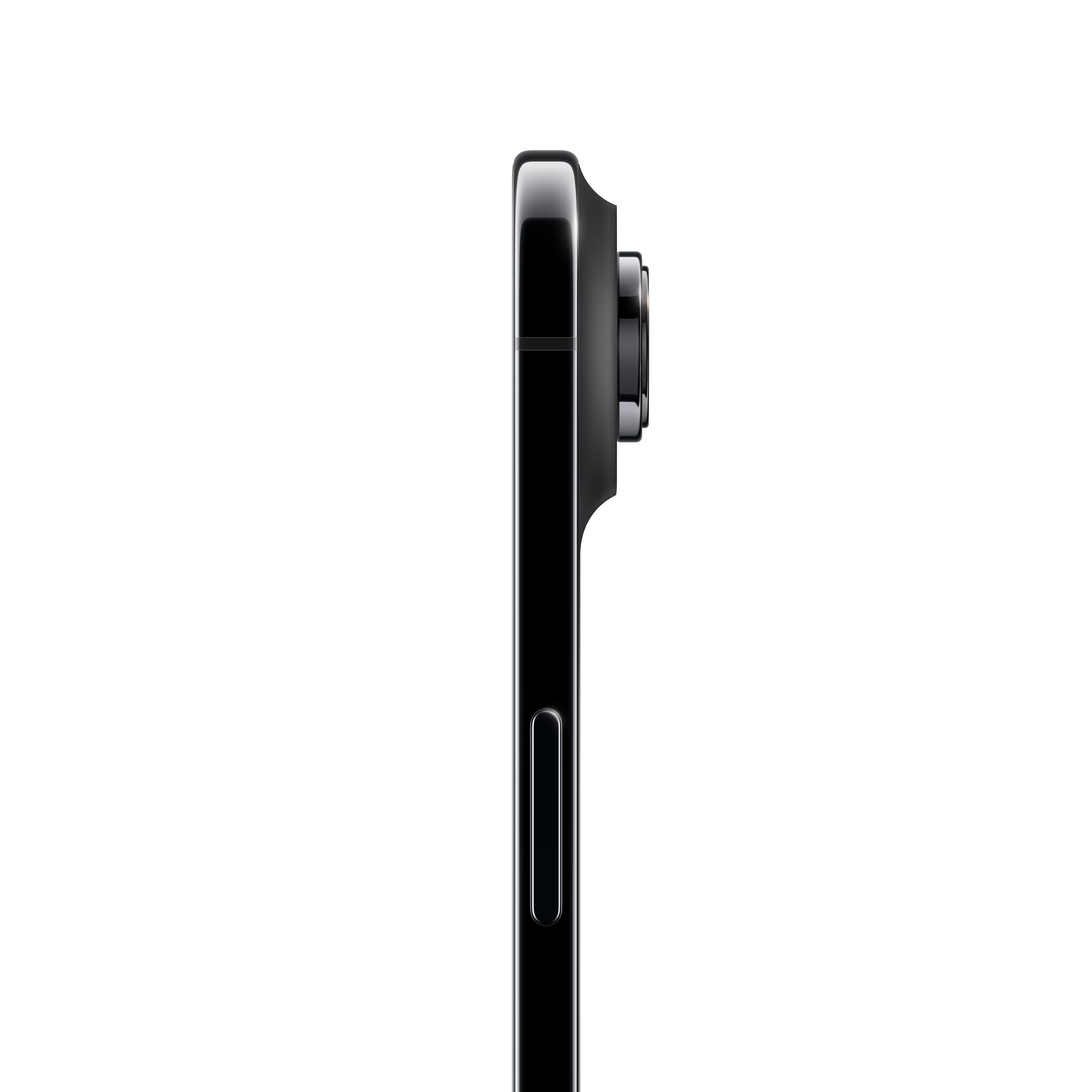 Seitenansicht eines schwarzen Smartphones mit hervorstehenden Kameralinsen. Telefon vor weißem Hintergrund.