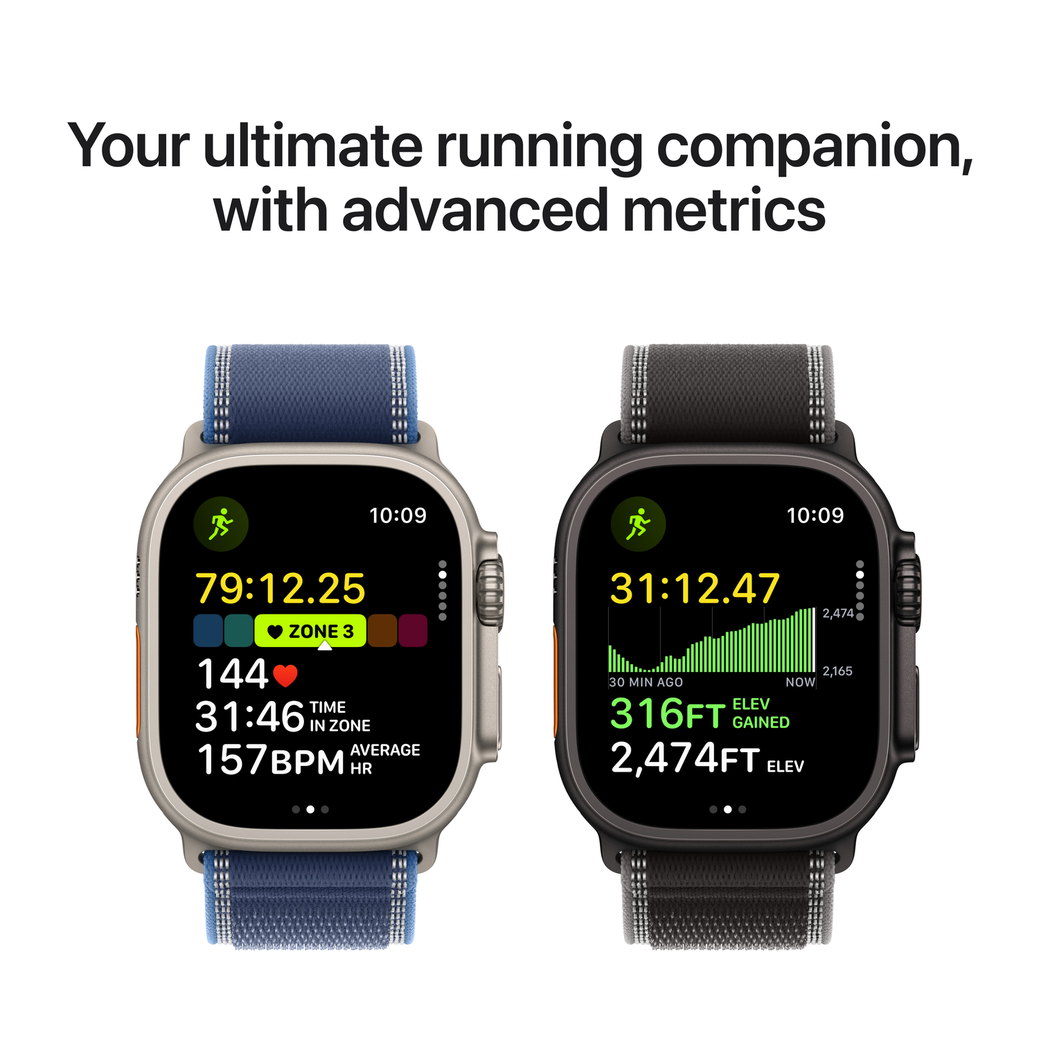 Twee smartwatches met hardloopmetingen: tijd, hartslag, hoogte. Eén horloge heeft een blauwe band, de ander zwart.