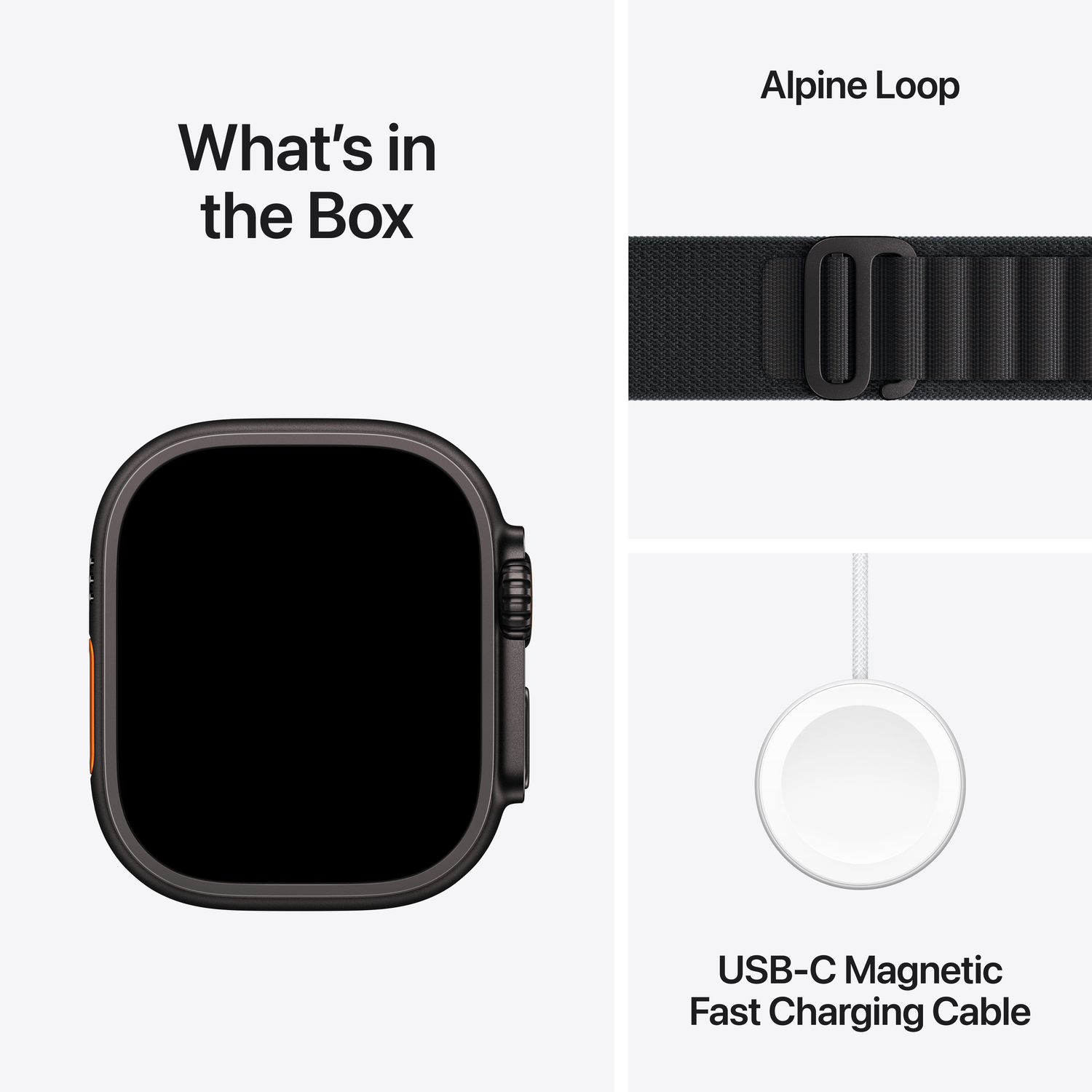Afbeelding toont Apple Watch Ultra, Alpine Loop band en USB-C magnetische snellaadkabel. Alles op een witte achtergrond.