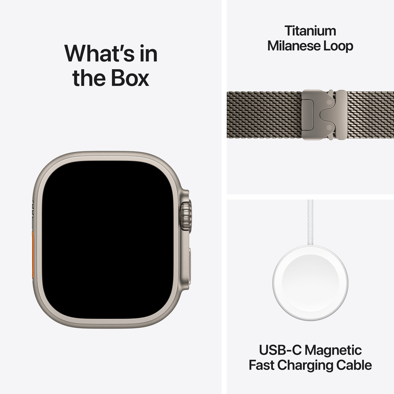 Image shows Apple Watch, Milanese Loop, and charging cable on white background. Text: What's in the Box, Titanium Milanese Loop, USB-C cable.