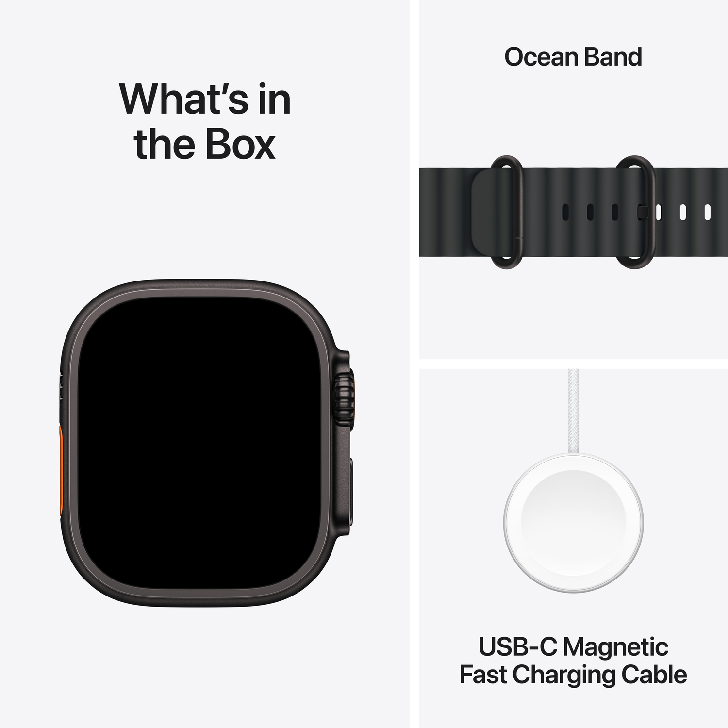 Afbeelding toont Apple Watch, Ocean Band en USB-C-oplader. Horloge is zwart met oranje knop. Ocean band is donkergrijs.