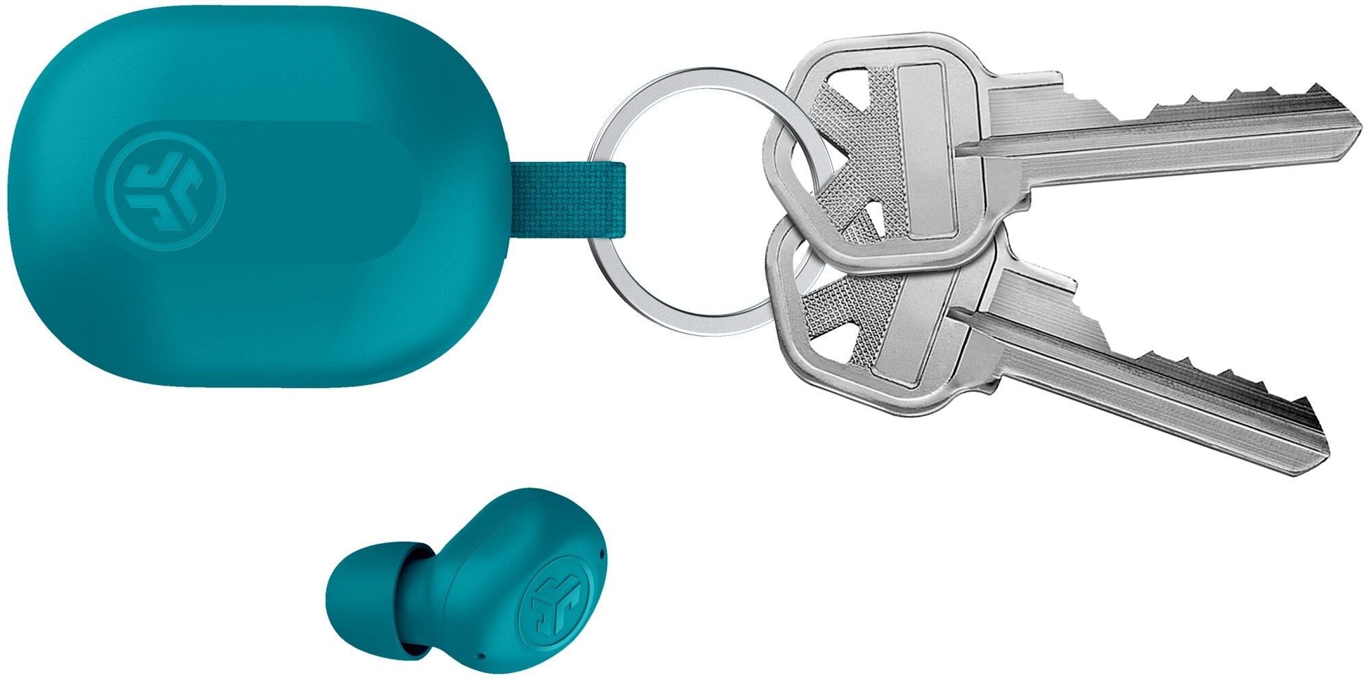 Turkusowy pączek, etui ładujące i brelok do kluczy z dwoma kluczami na białym tle. Każdy przedmiot ma logo.