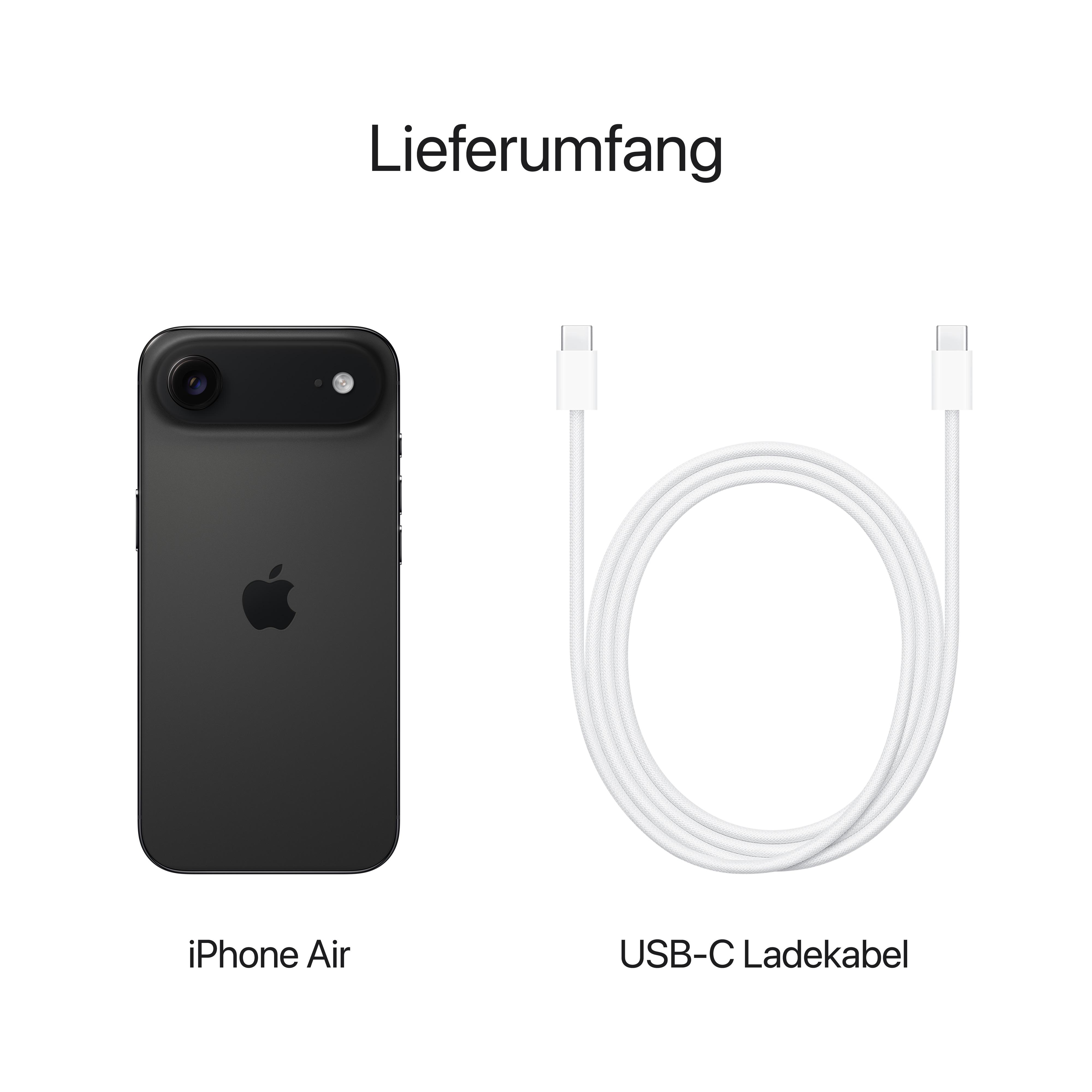 Schwarzes iPhone Air und weißes USB-C-Ladekabel auf weißem Hintergrund. Text: Lieferumfang.