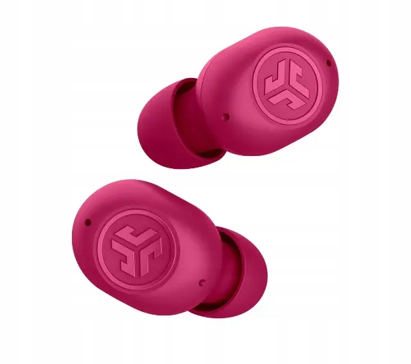 Dwa różowe bezprzewodowe słuchawki. Każda słuchawka ma okrągłe logo ze stylizowanym 'J'. Tło jest białe.