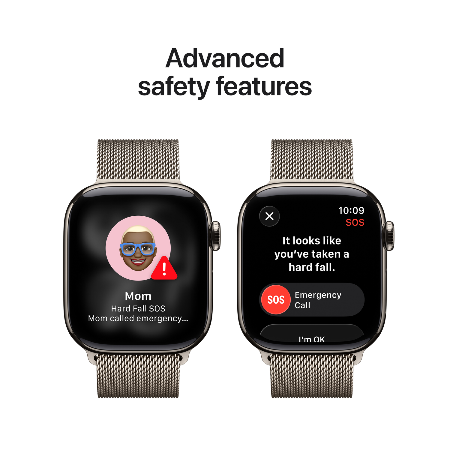 Two smartwatches display emergency calls. One shows 'Mom' with an alert. The other shows 'Emergency Call' after a fall.