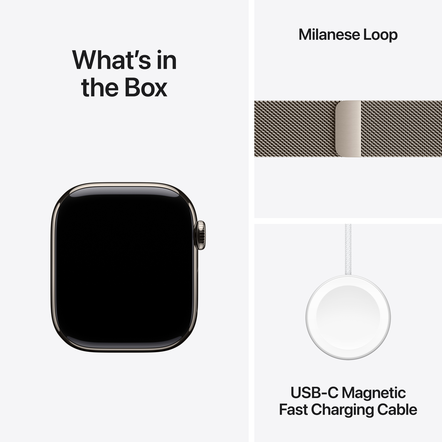 Image shows Apple Watch, Milanese Loop band, and a USB-C magnetic fast charging cable. All against a white background.