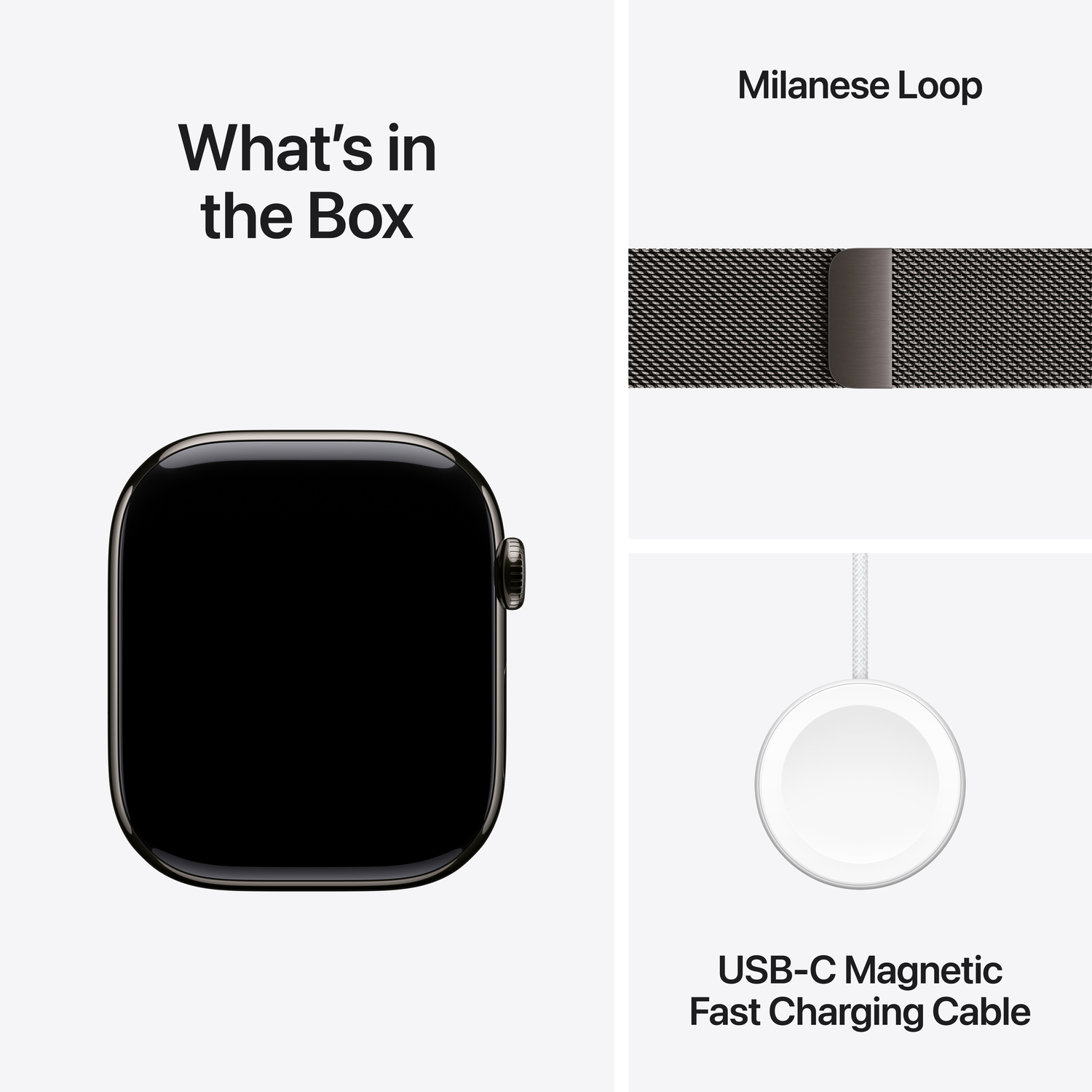 Image shows Apple Watch, Milanese loop band, and USB-C magnetic fast charging cable. Text: What's in the Box.